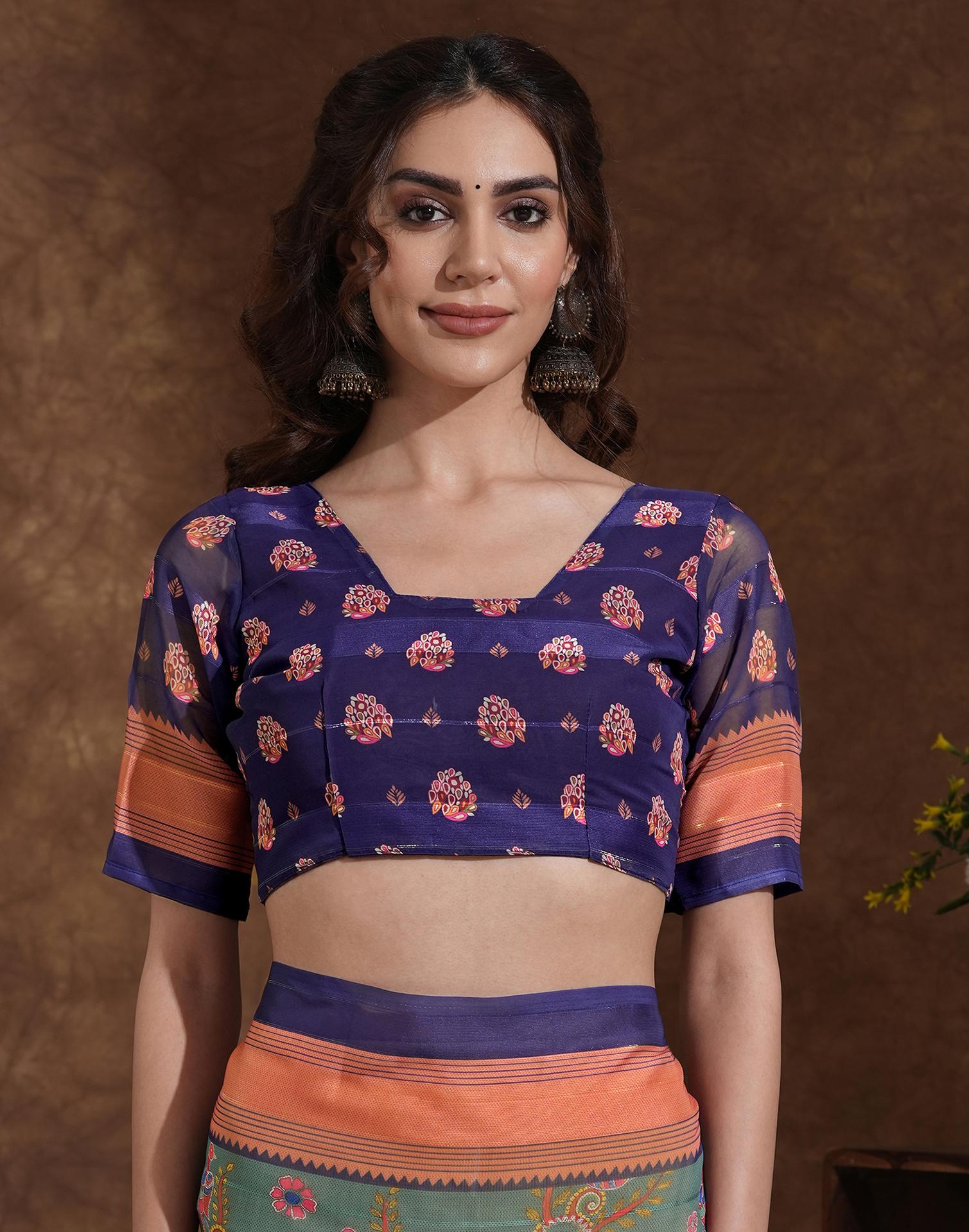 Dusty Teal Green Georgette Woven Printed Saree - Image 7