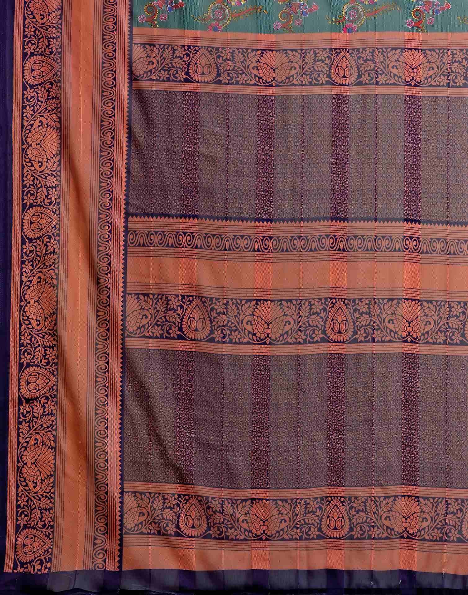 Dusty Teal Green Georgette Woven Printed Saree - Image 9