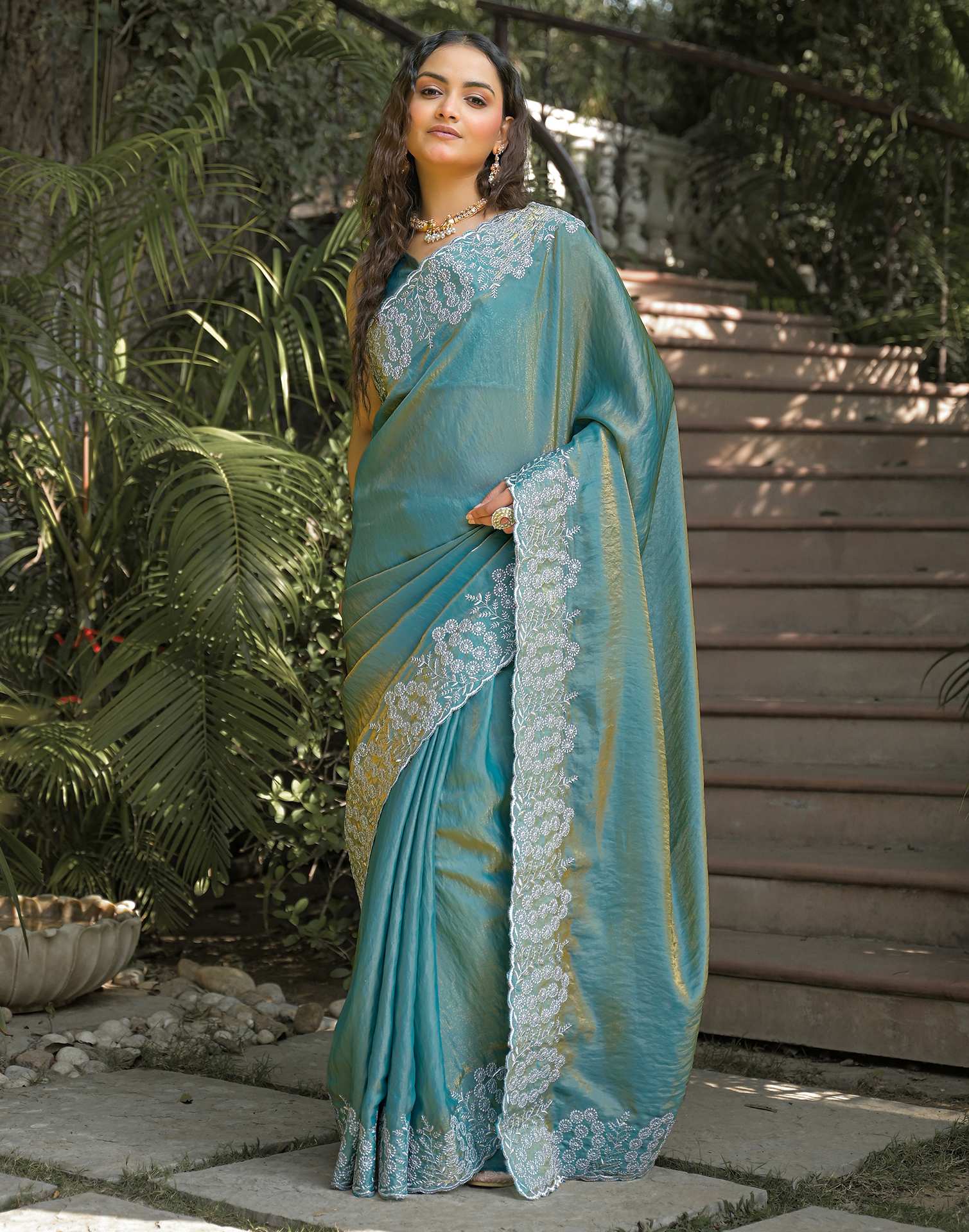 Dusty Teal Green Shimmer Tissue Embroidery Saree - Image 2