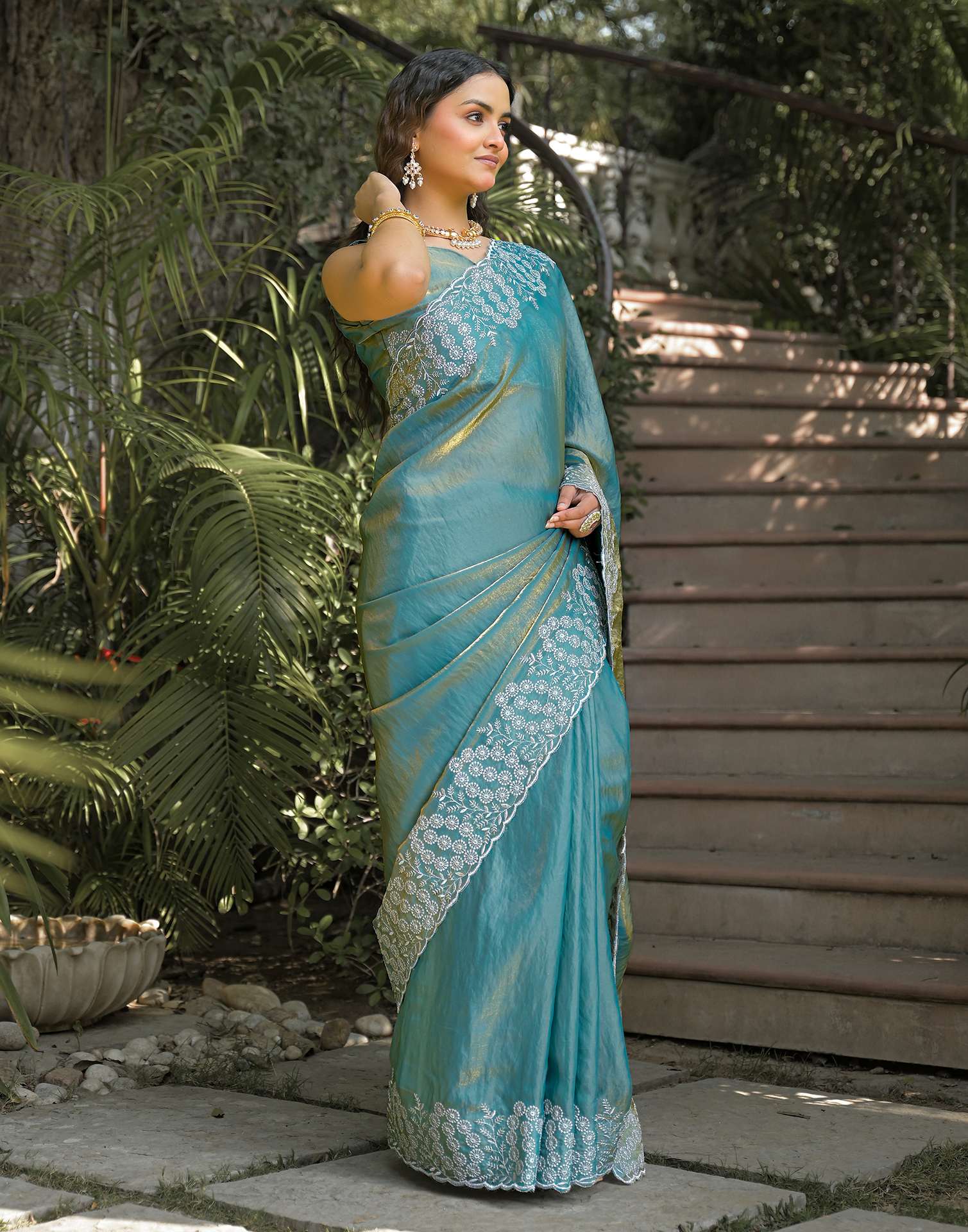 Dusty Teal Green Shimmer Tissue Embroidery Saree - Image 5