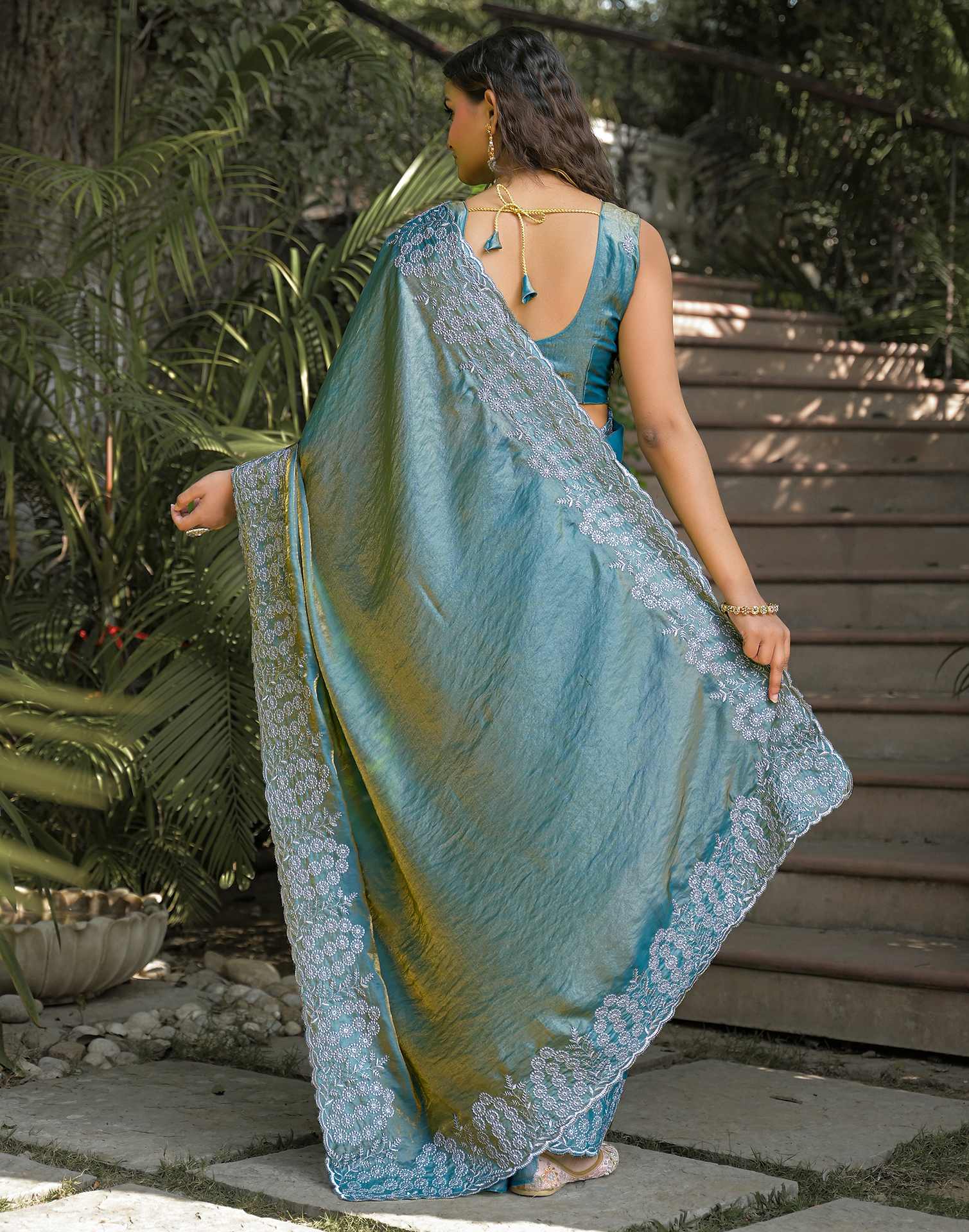 Dusty Teal Green Shimmer Tissue Embroidery Saree - Image 6