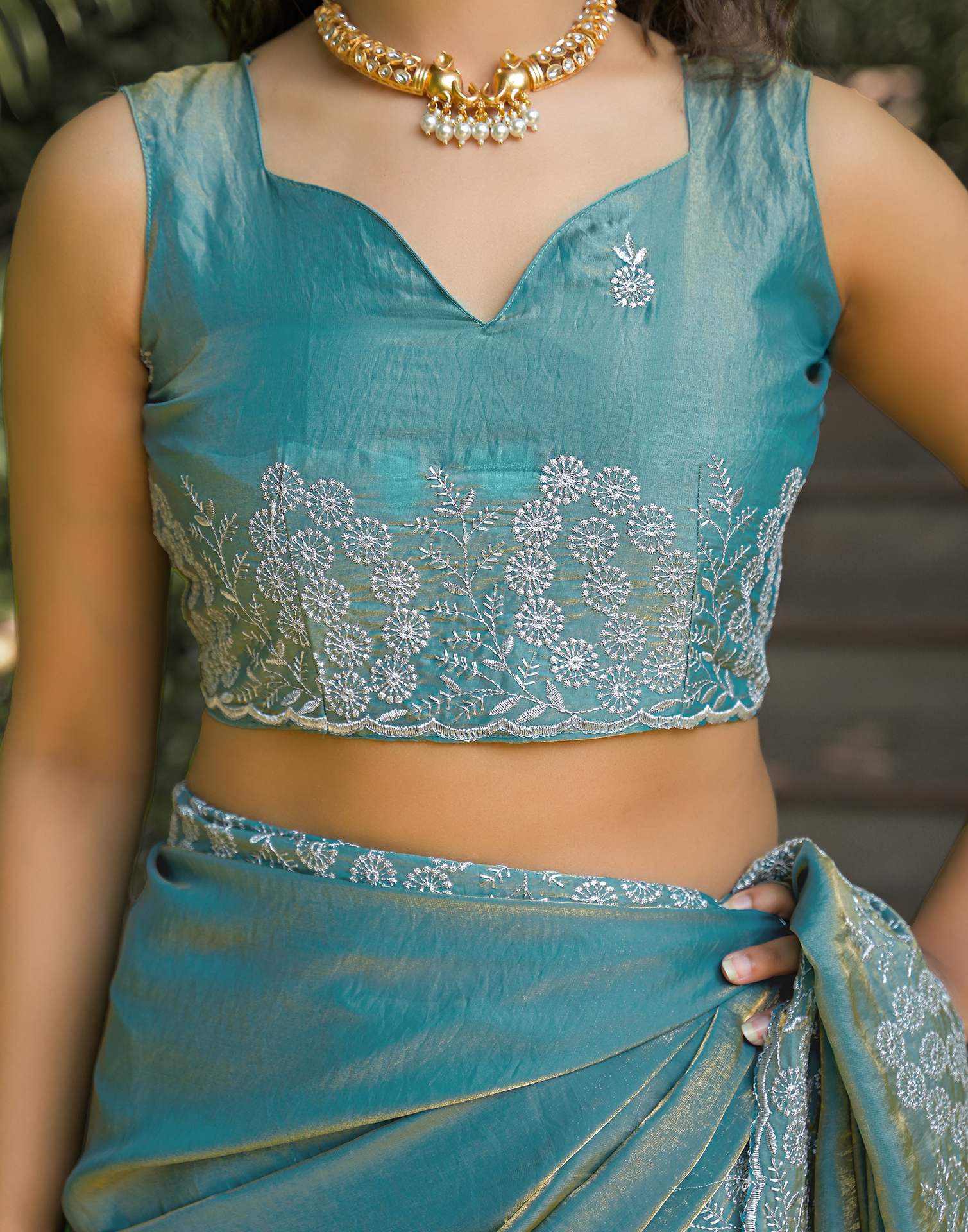 Dusty Teal Green Shimmer Tissue Embroidery Saree - Image 8