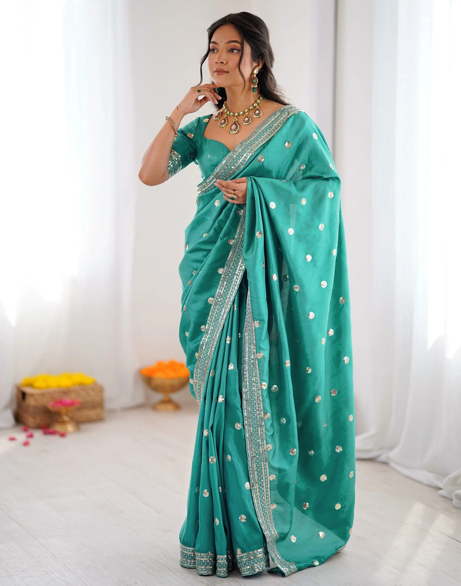 Dusty Teal Green Silk Sequence Embroidery Saree - Image 2