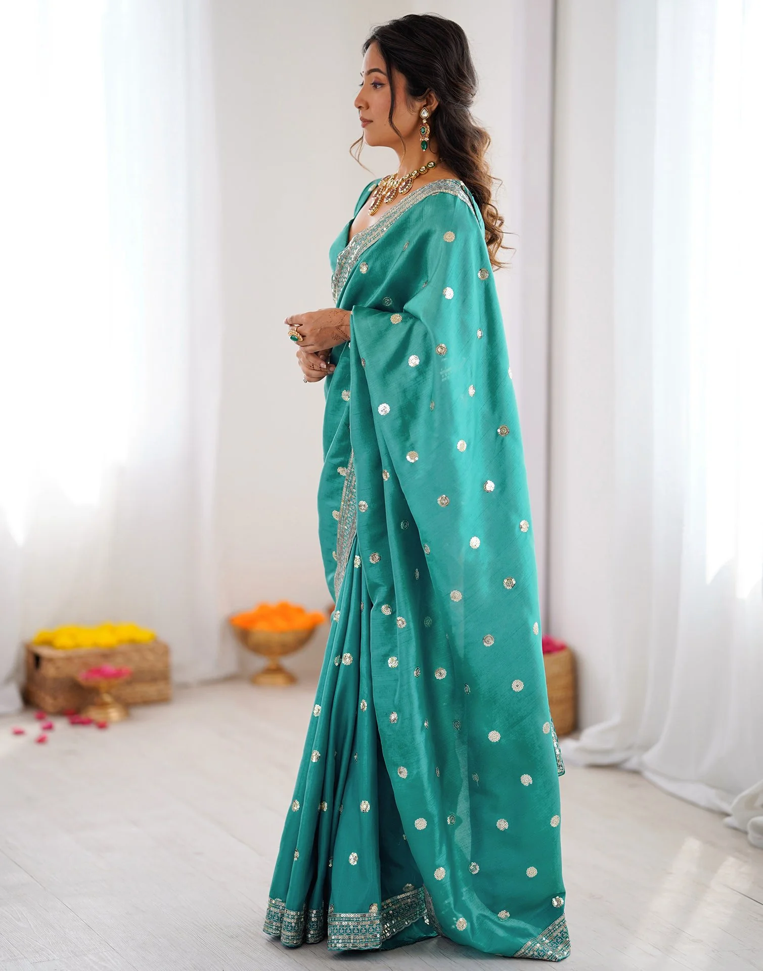 Dusty Teal Green Silk Sequence Embroidery Saree - Image 4