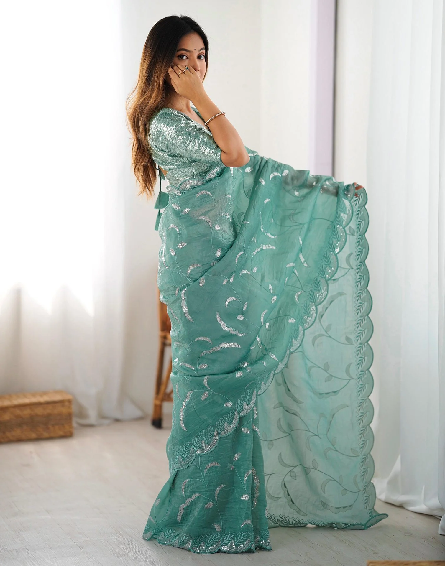 Dusty Teal Green Tissue Silk Sequence Embroidery Saree - Image 5