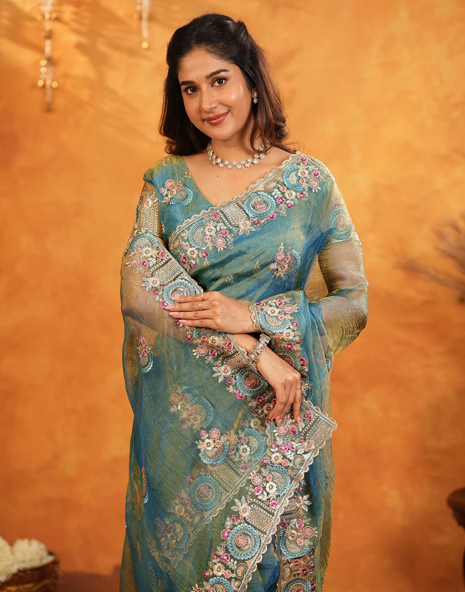 Dusty Turquoise Blue Crush Tissue Stone Work Embroidery Saree - Image 12