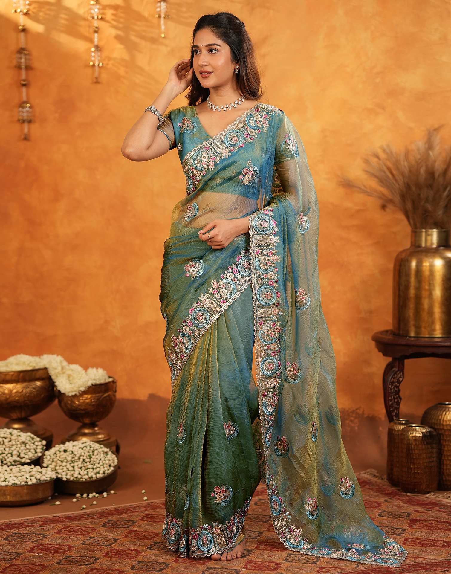 Dusty Turquoise Blue Crush Tissue Stone Work Embroidery Saree - Image 9