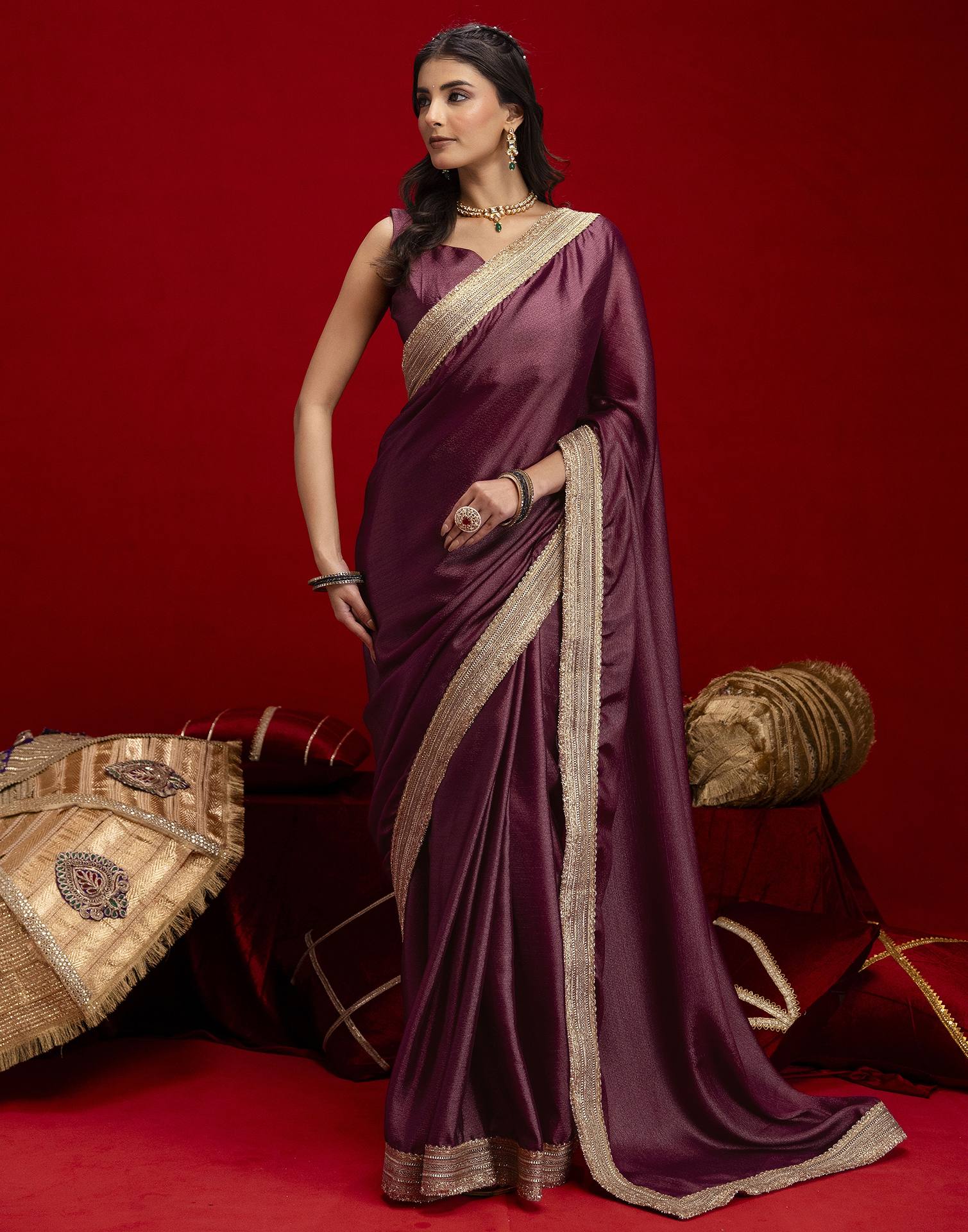 Dusty Wine Chinnon Silk Gota Lace Saree