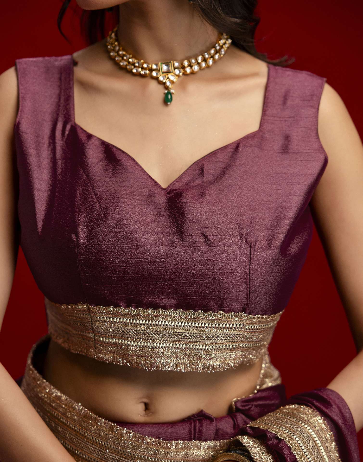 Dusty Wine Chinnon Silk Gota Lace Saree - Image 10