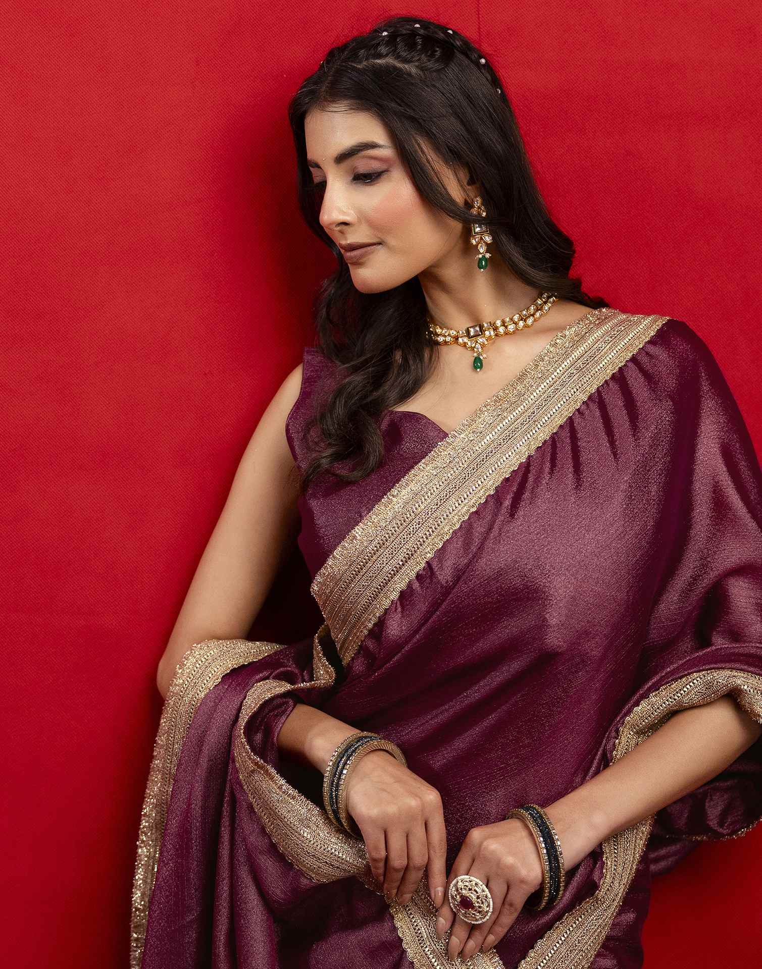 Dusty Wine Chinnon Silk Gota Lace Saree - Image 2