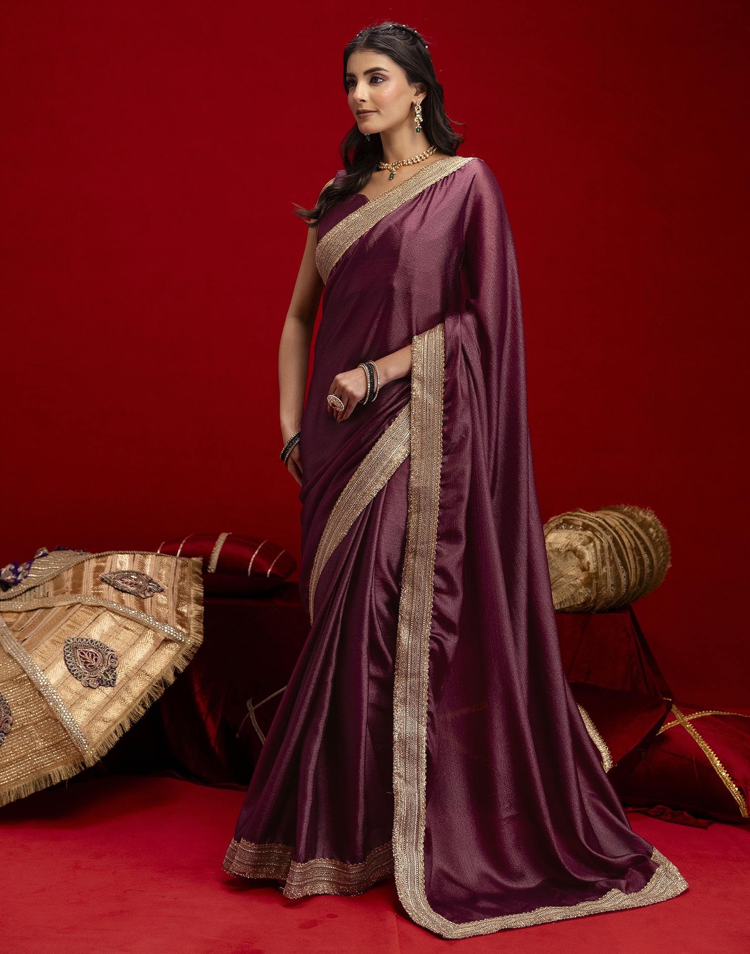 Dusty Wine Chinnon Silk Gota Lace Saree - Image 4