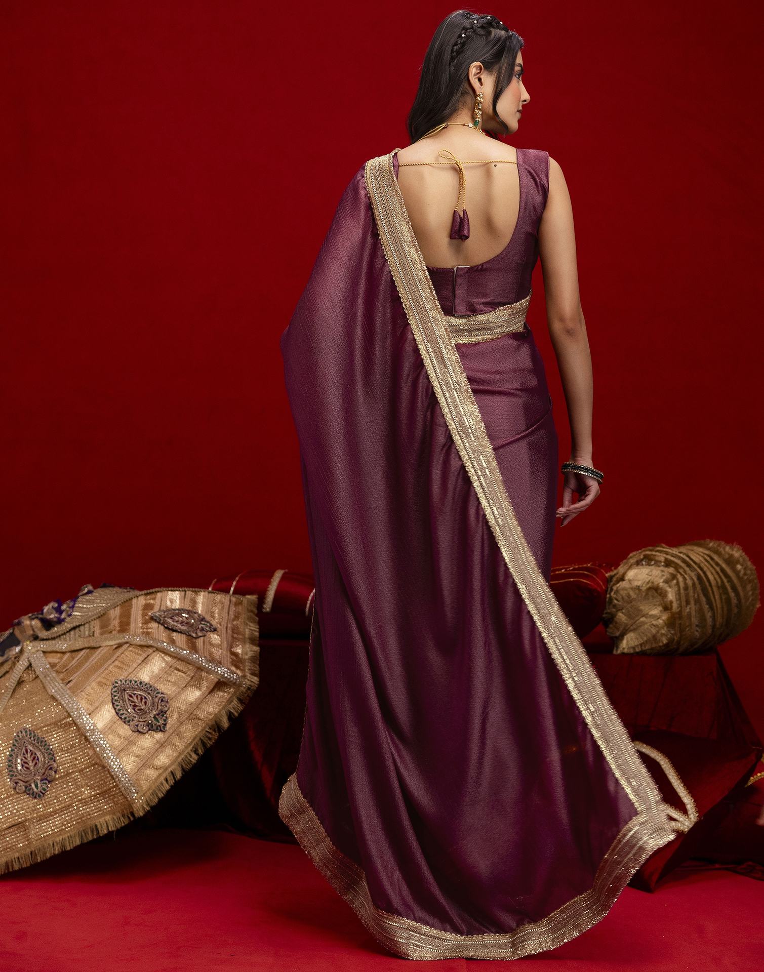 Dusty Wine Chinnon Silk Gota Lace Saree - Image 6