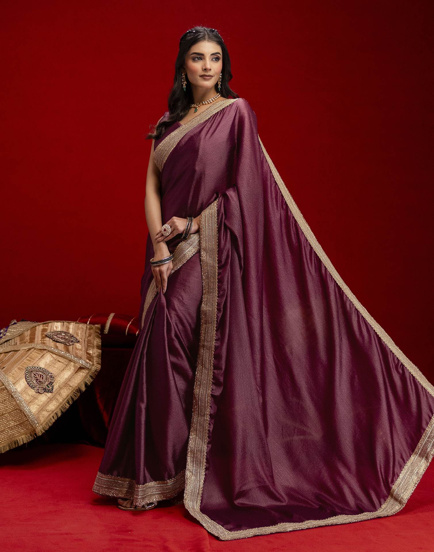 Dusty Wine Chinnon Silk Gota Lace Saree - Image 7