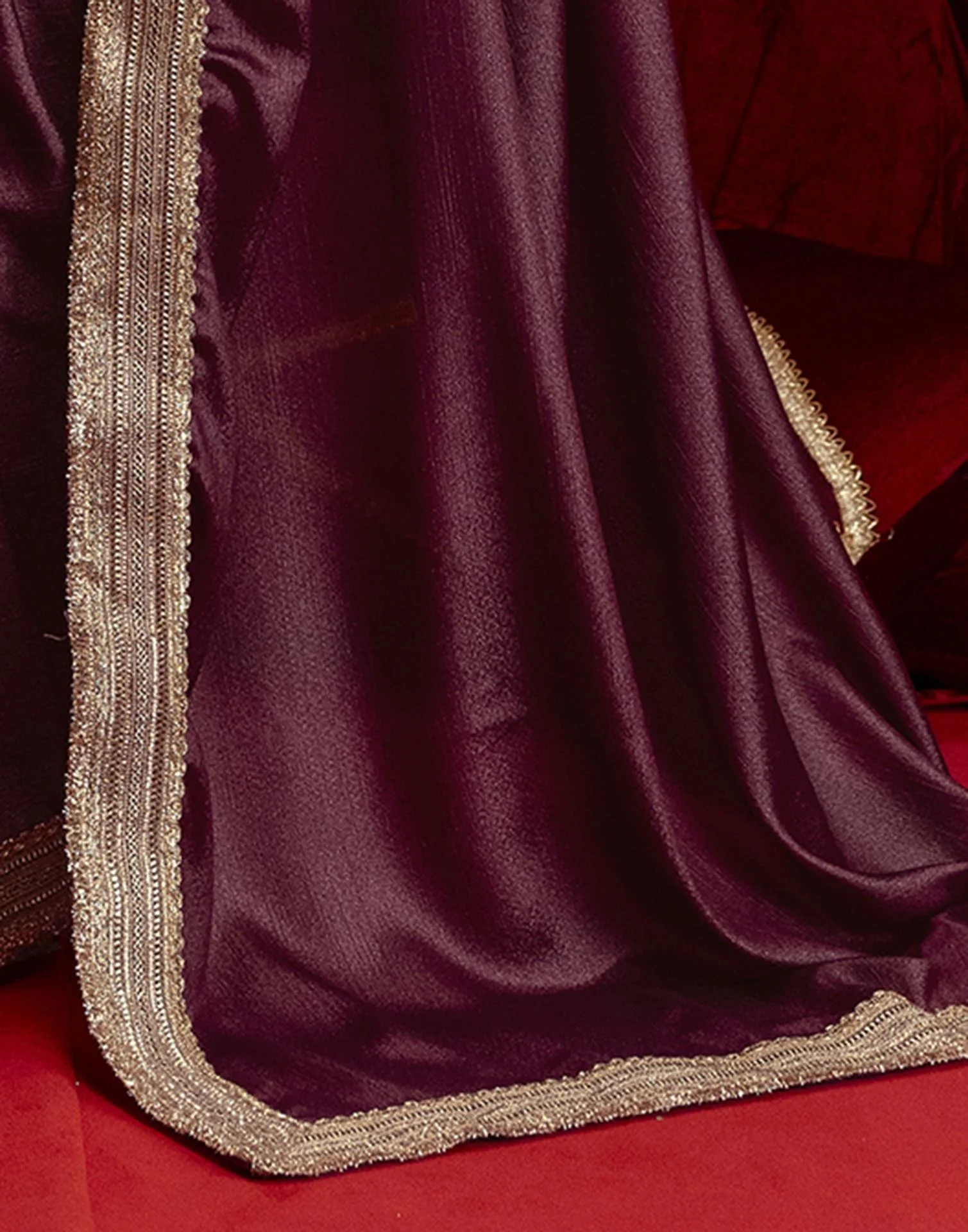 Dusty Wine Chinnon Silk Gota Lace Saree - Image 8