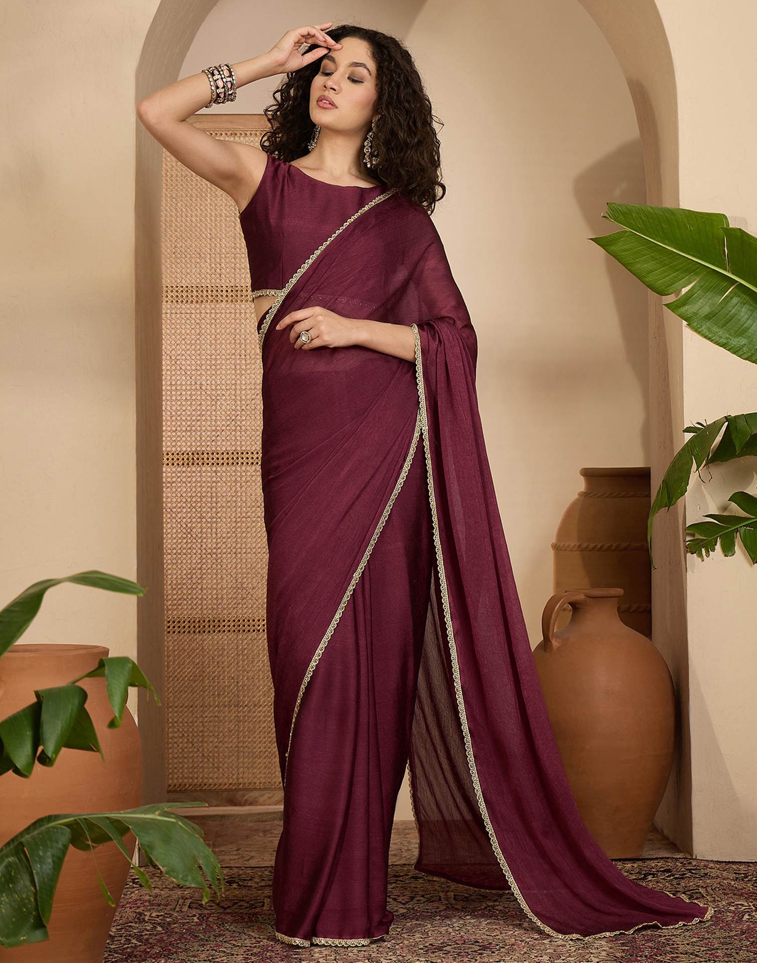 Dusty Wine Crush Silk Lace Saree