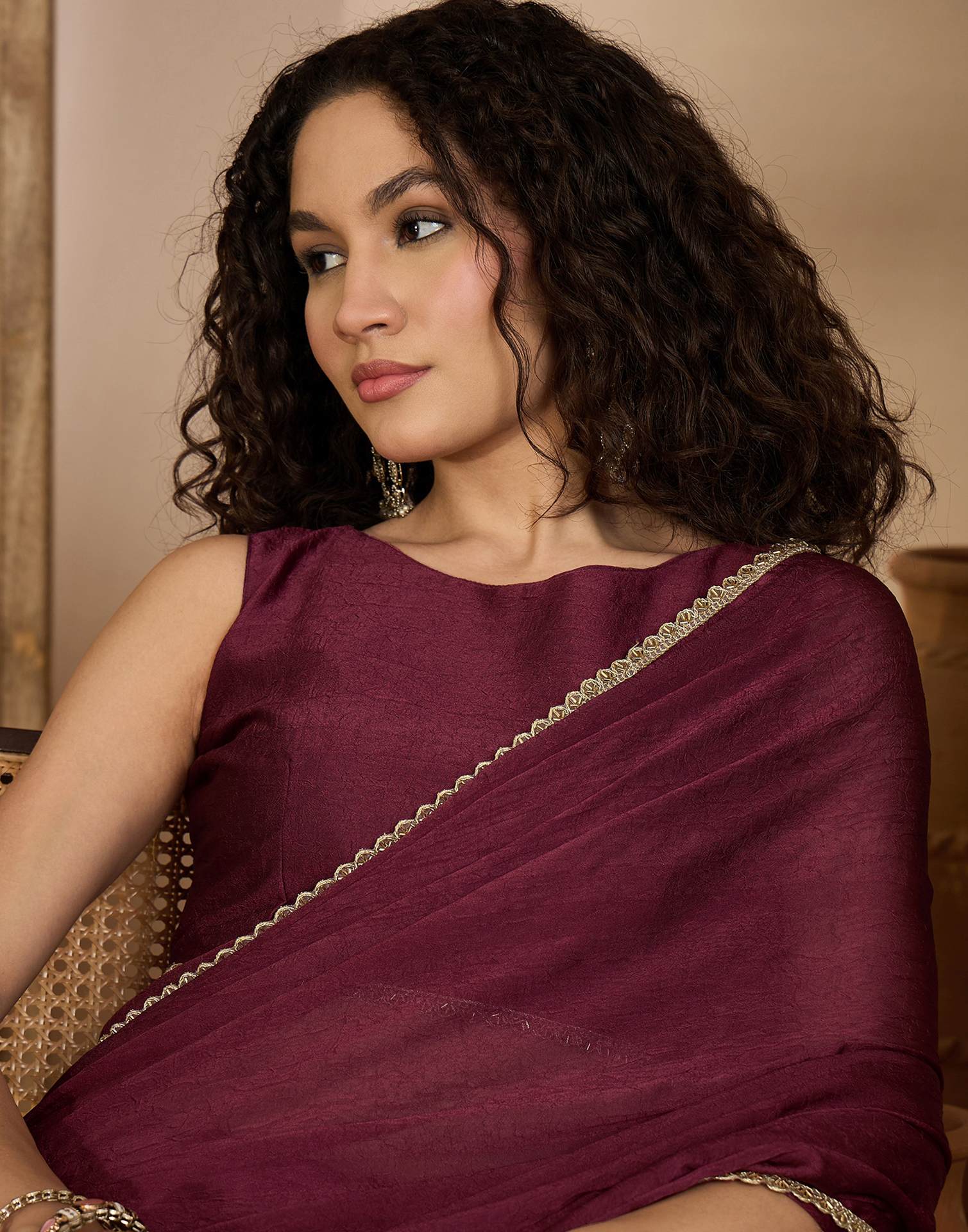 Dusty Wine Crush Silk Lace Saree - Image 2