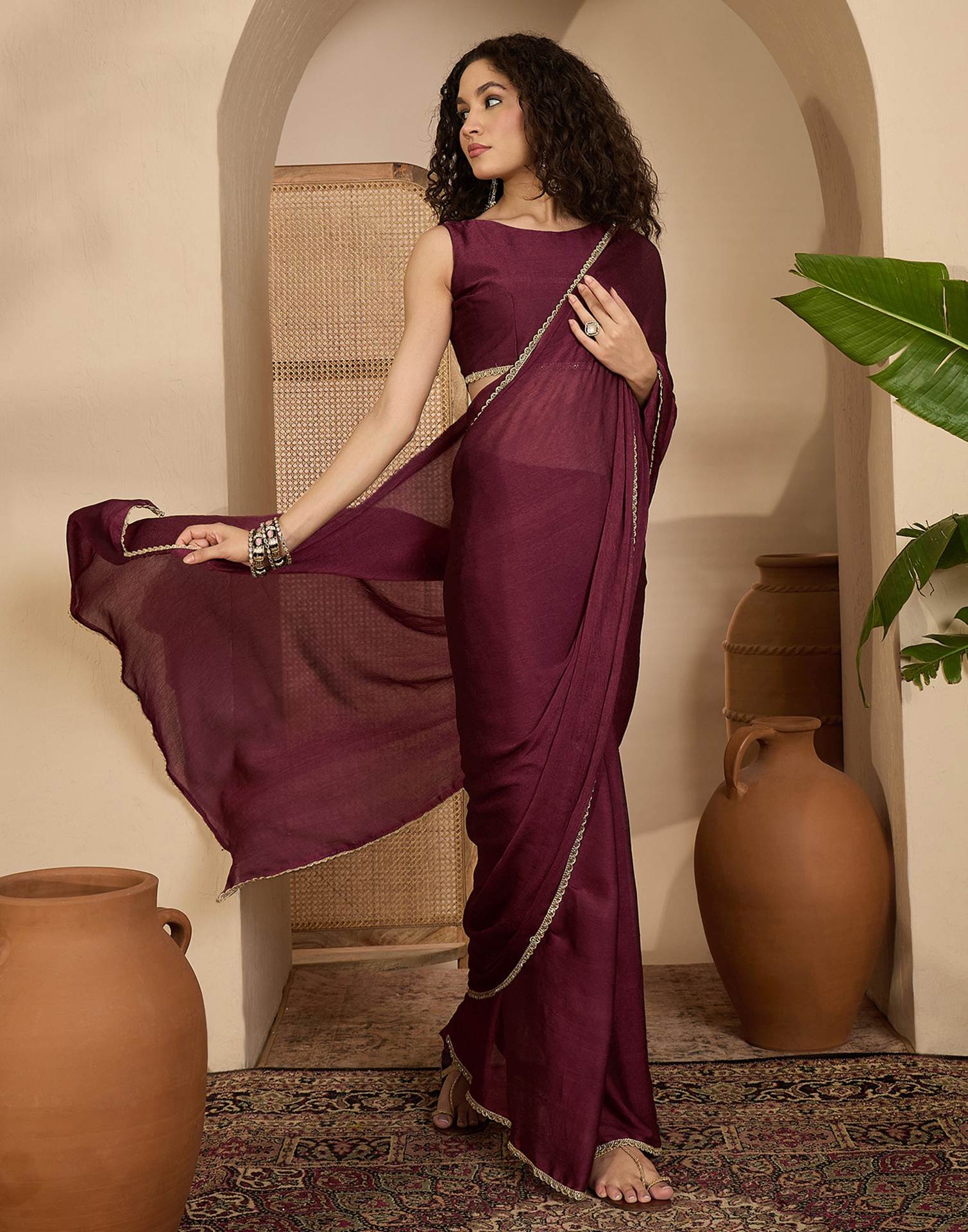 Dusty Wine Crush Silk Lace Saree - Image 5