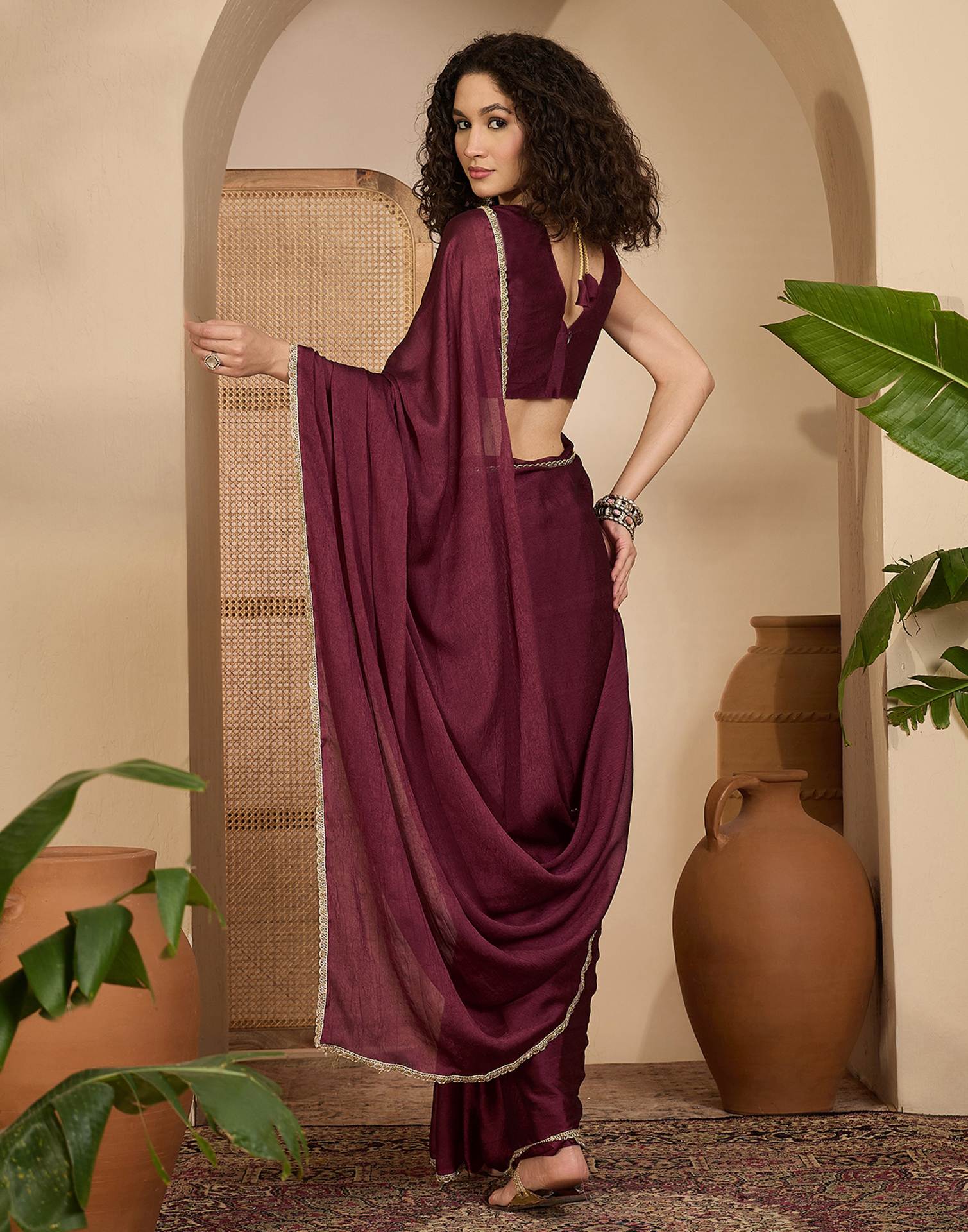 Dusty Wine Crush Silk Lace Saree - Image 6