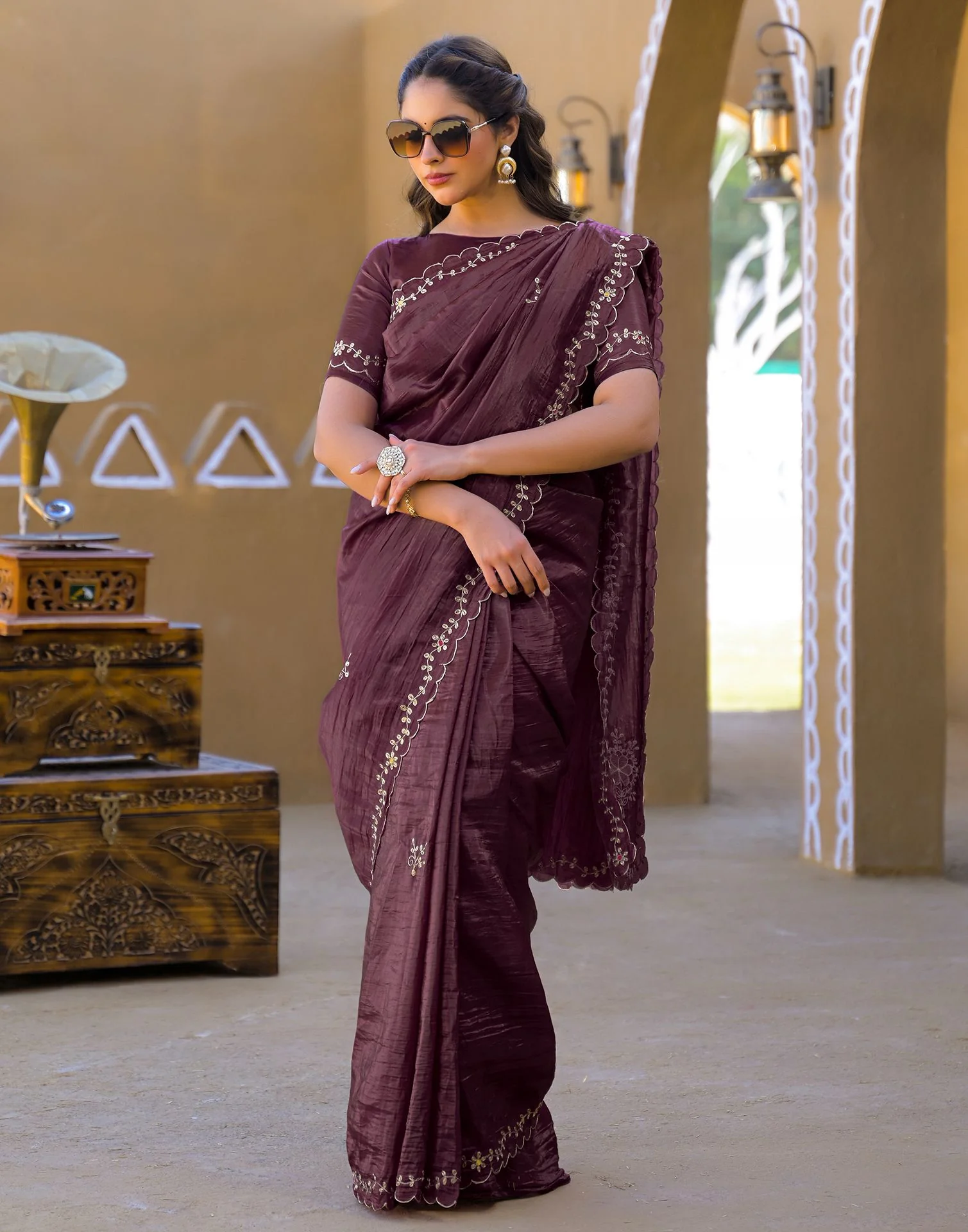 Dusty Wine Crush Tissue Embroidery Saree - Image 7