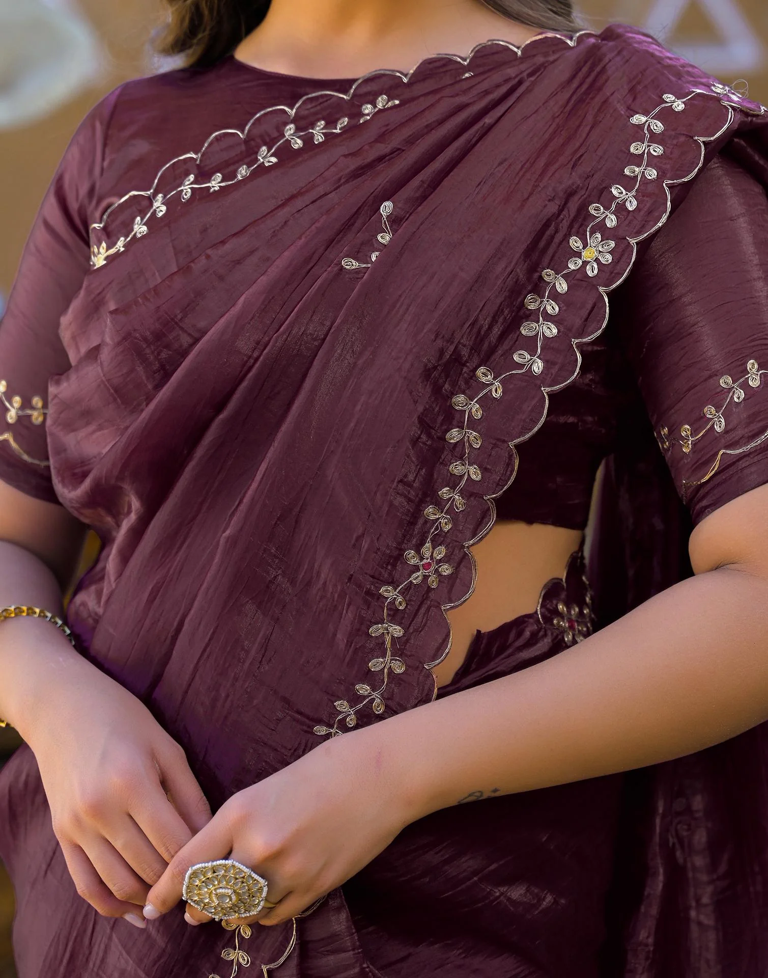 Dusty Wine Crush Tissue Embroidery Saree - Image 9