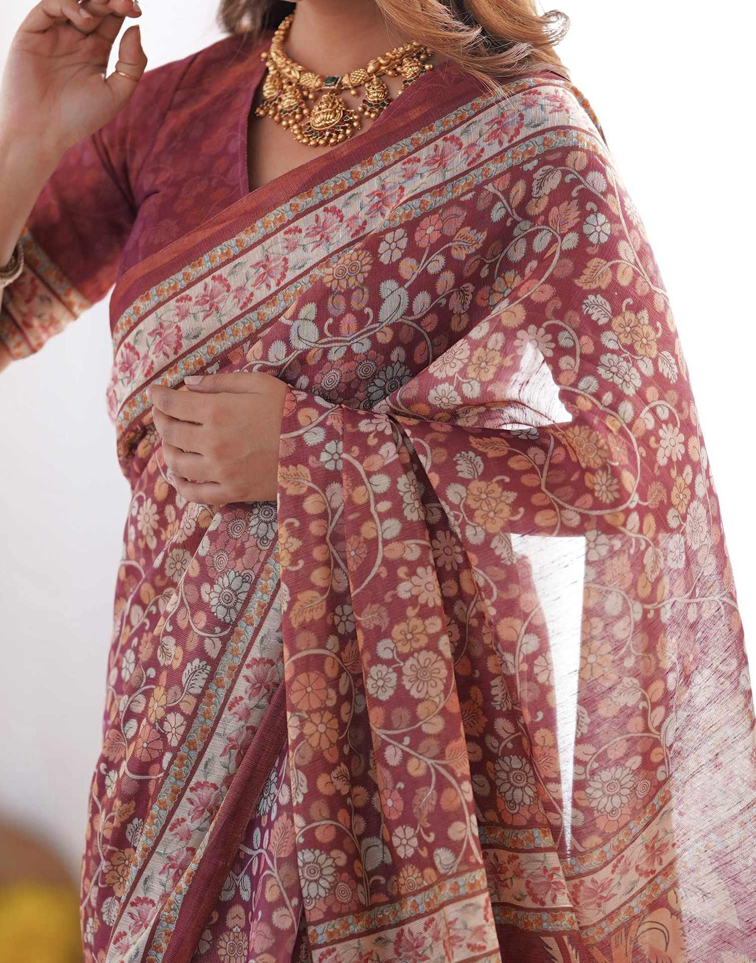 Dusty Wine Linen Kalamkari Saree - Image 2