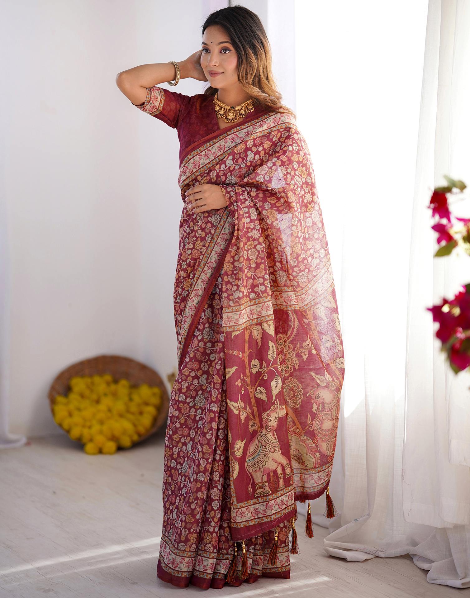 Dusty Wine Linen Kalamkari Saree - Image 4