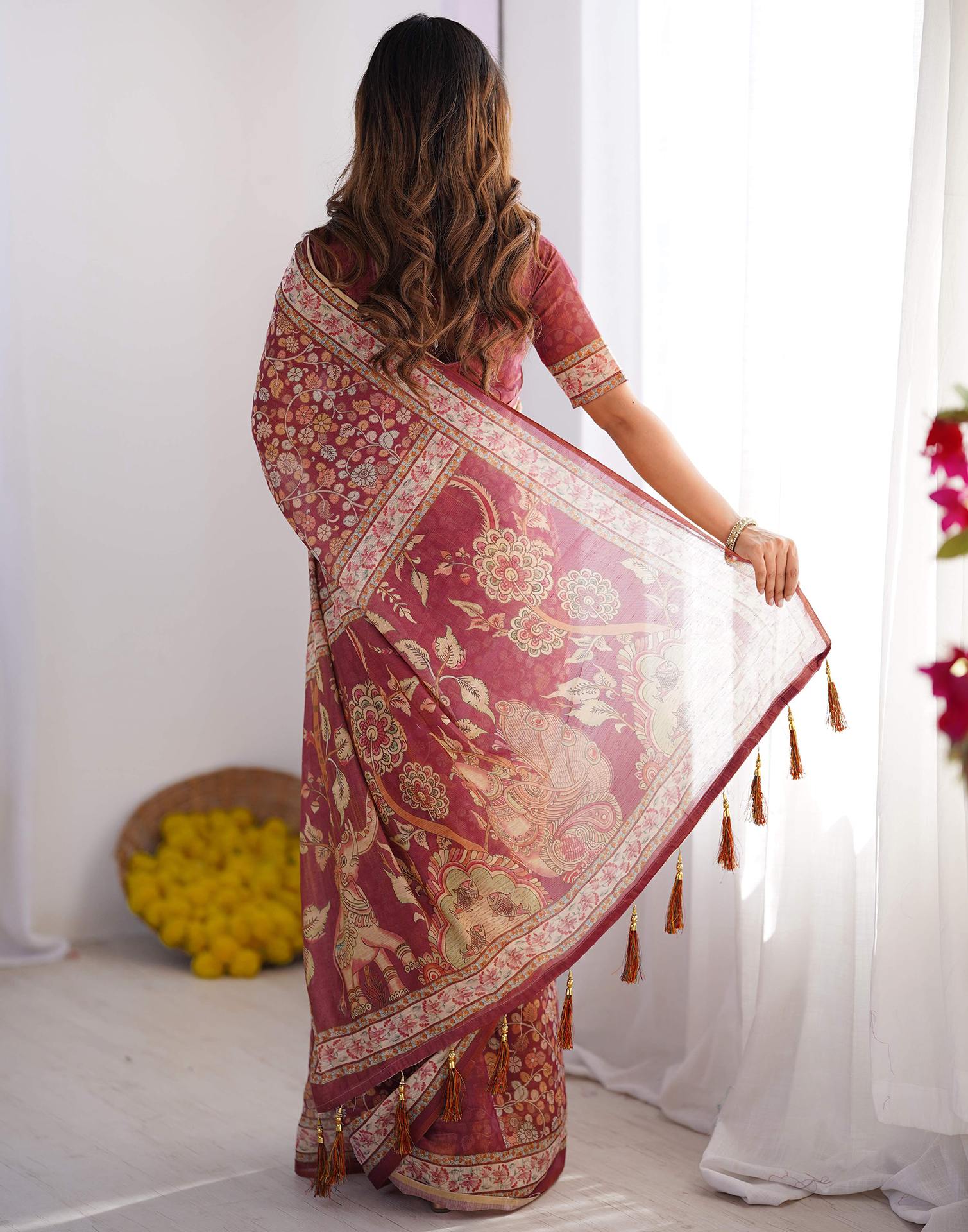 Dusty Wine Linen Kalamkari Saree - Image 6