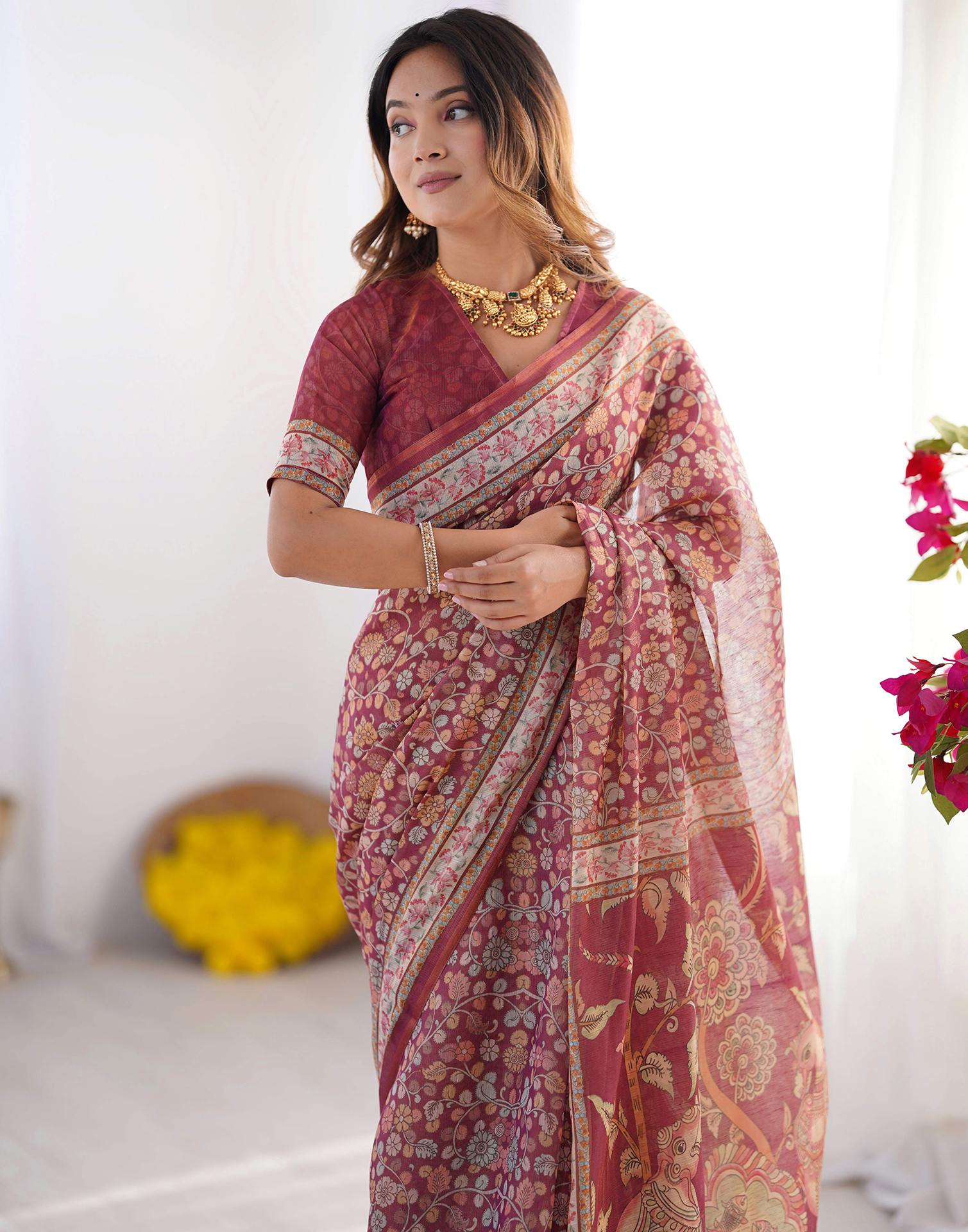 Dusty Wine Linen Kalamkari Saree - Image 7