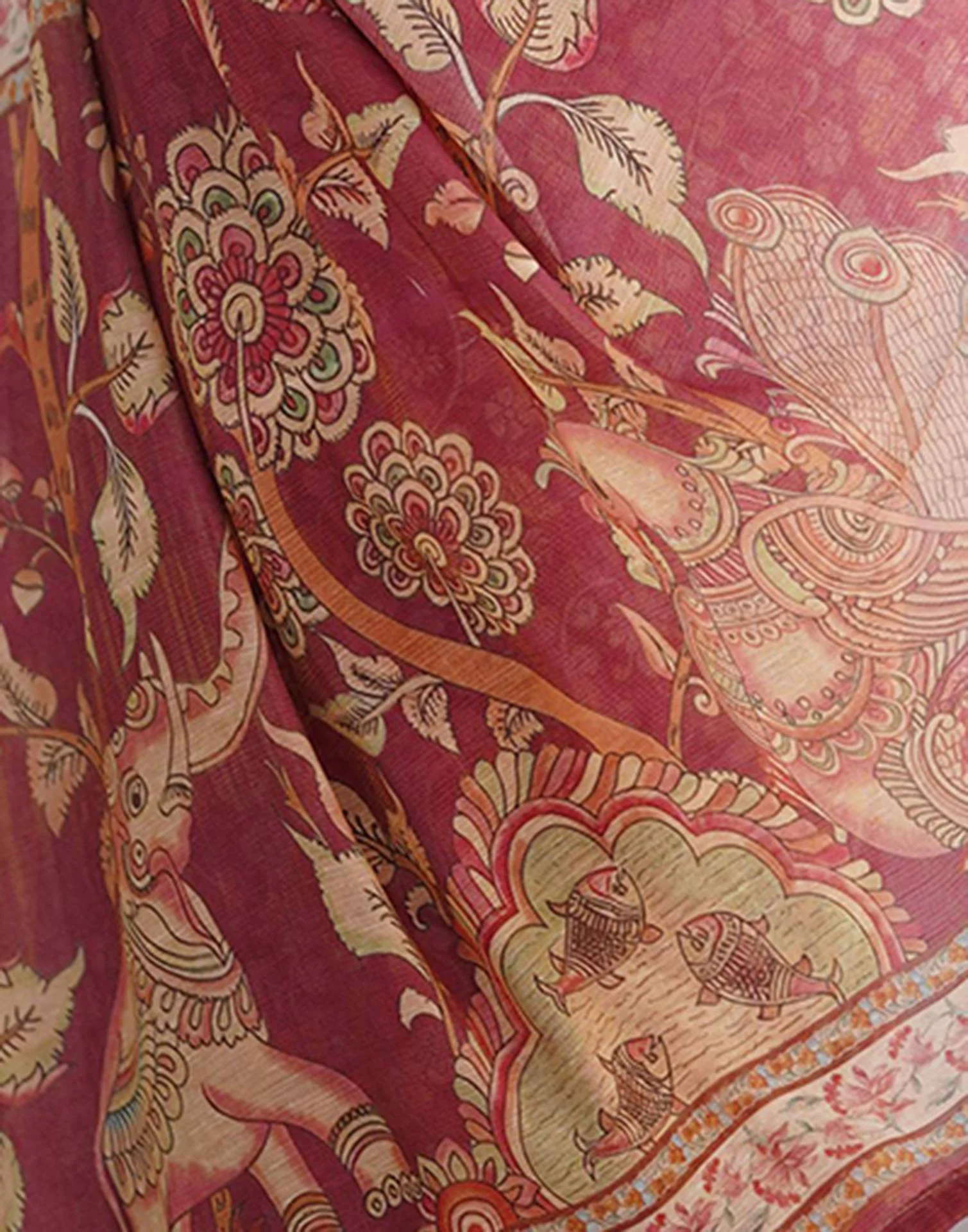 Dusty Wine Linen Kalamkari Saree - Image 9