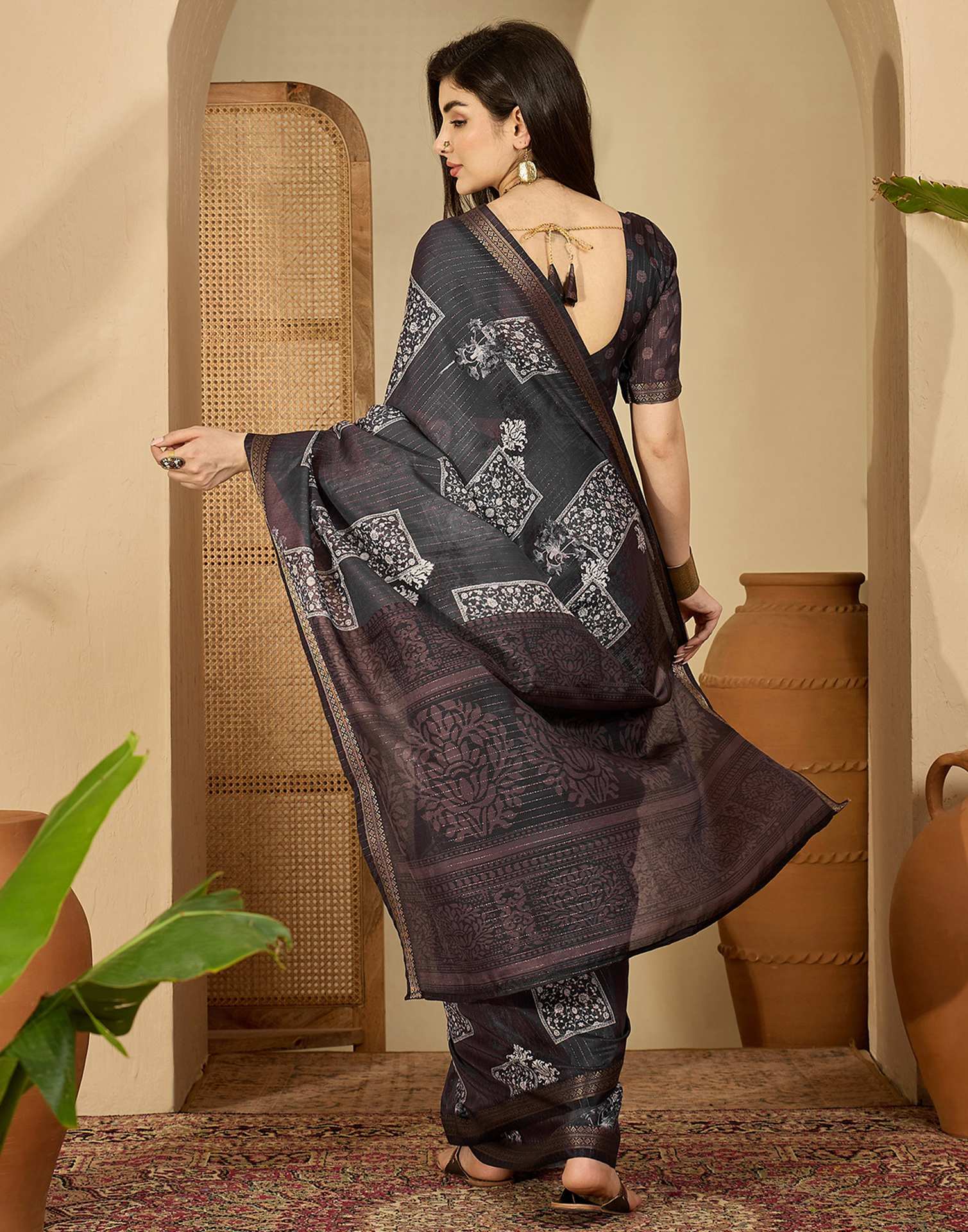 Dusty Wine Silk Printed Saree - Image 6
