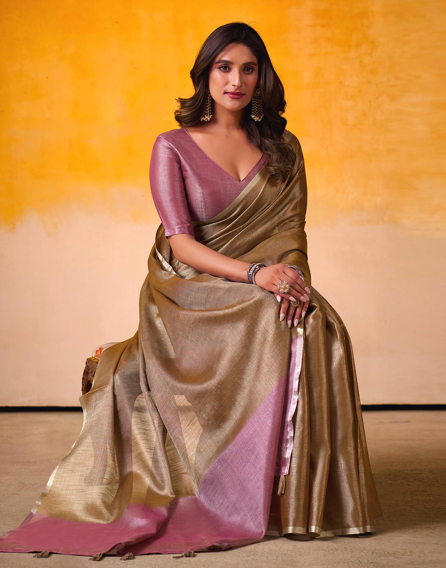 Golden Brown Tissue Silk Woven Plain Saree - Image 4