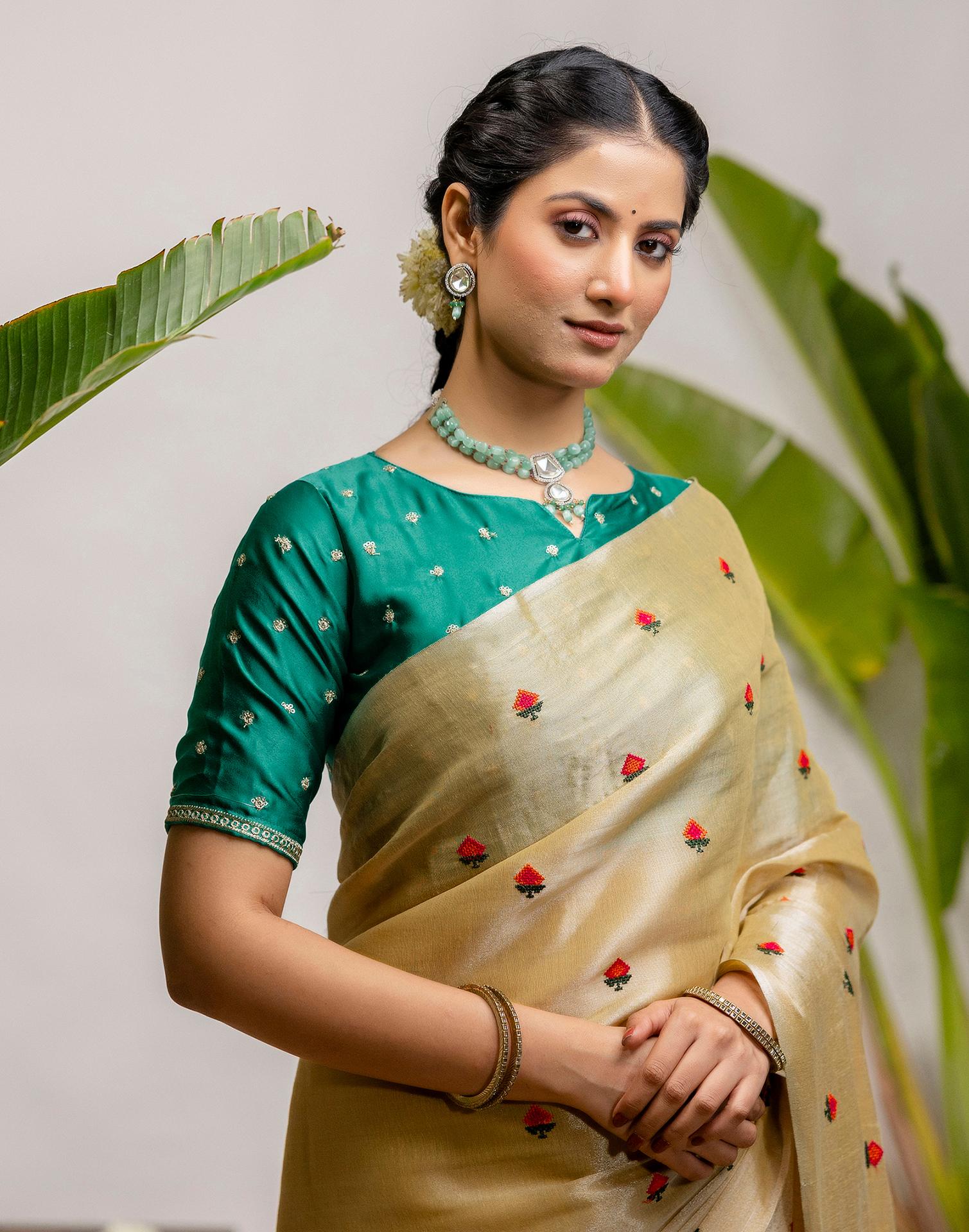 Golden Cotton Silk Embroidery Saree - Image 2