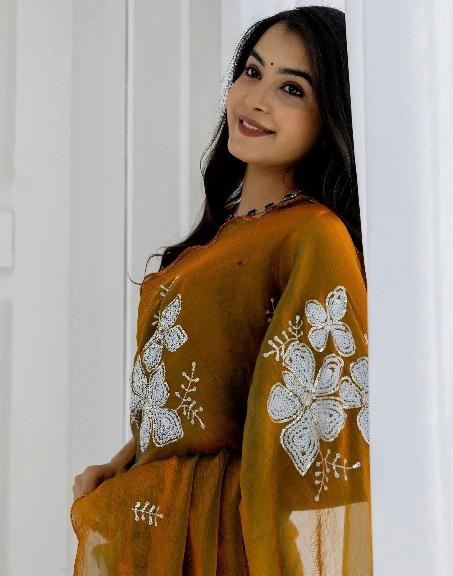 Golden Shimmer Sequence Embroidery Saree - Image 2