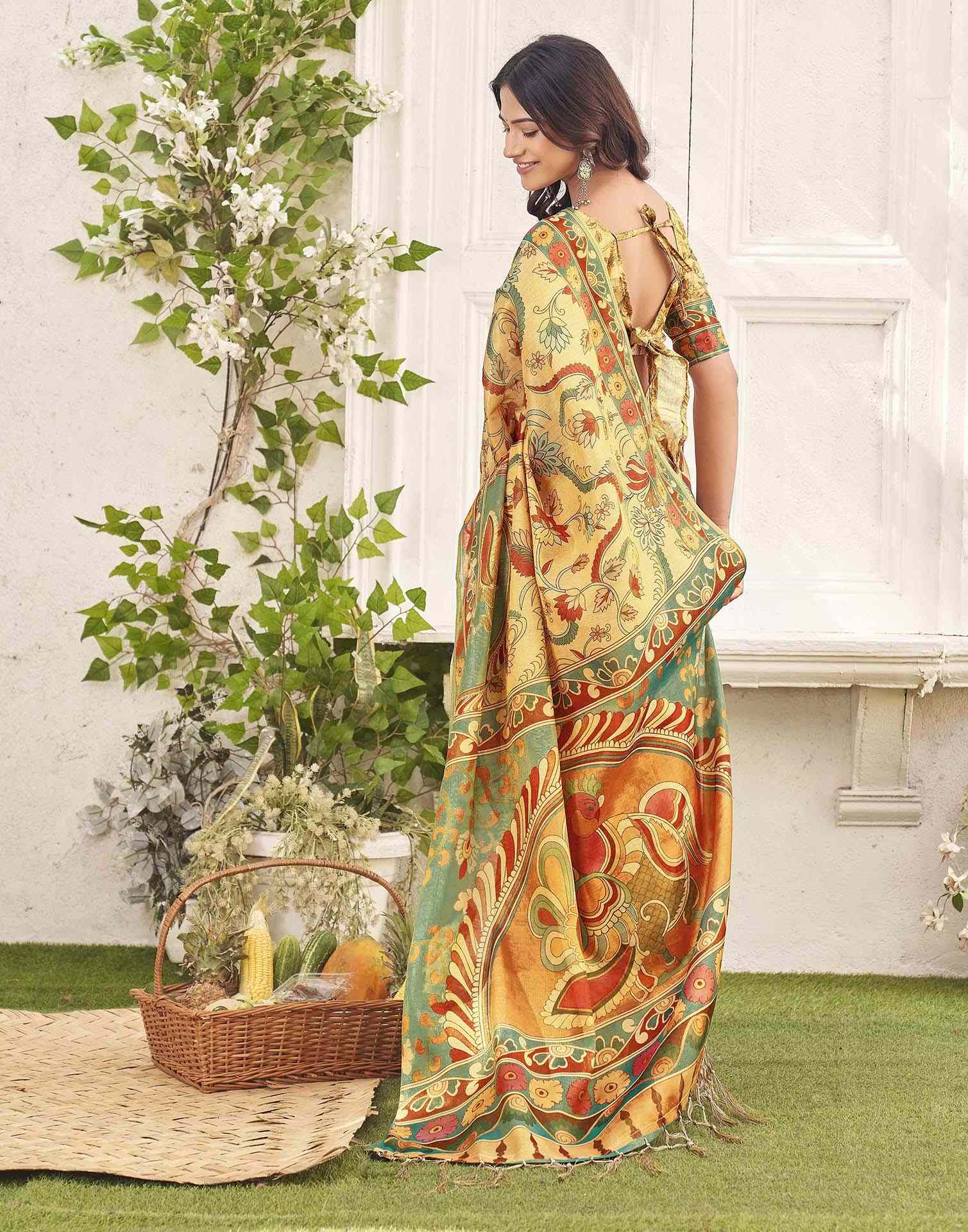 Golden Shimmer Silk Printed Kalamkari SareeĀ - Image 6