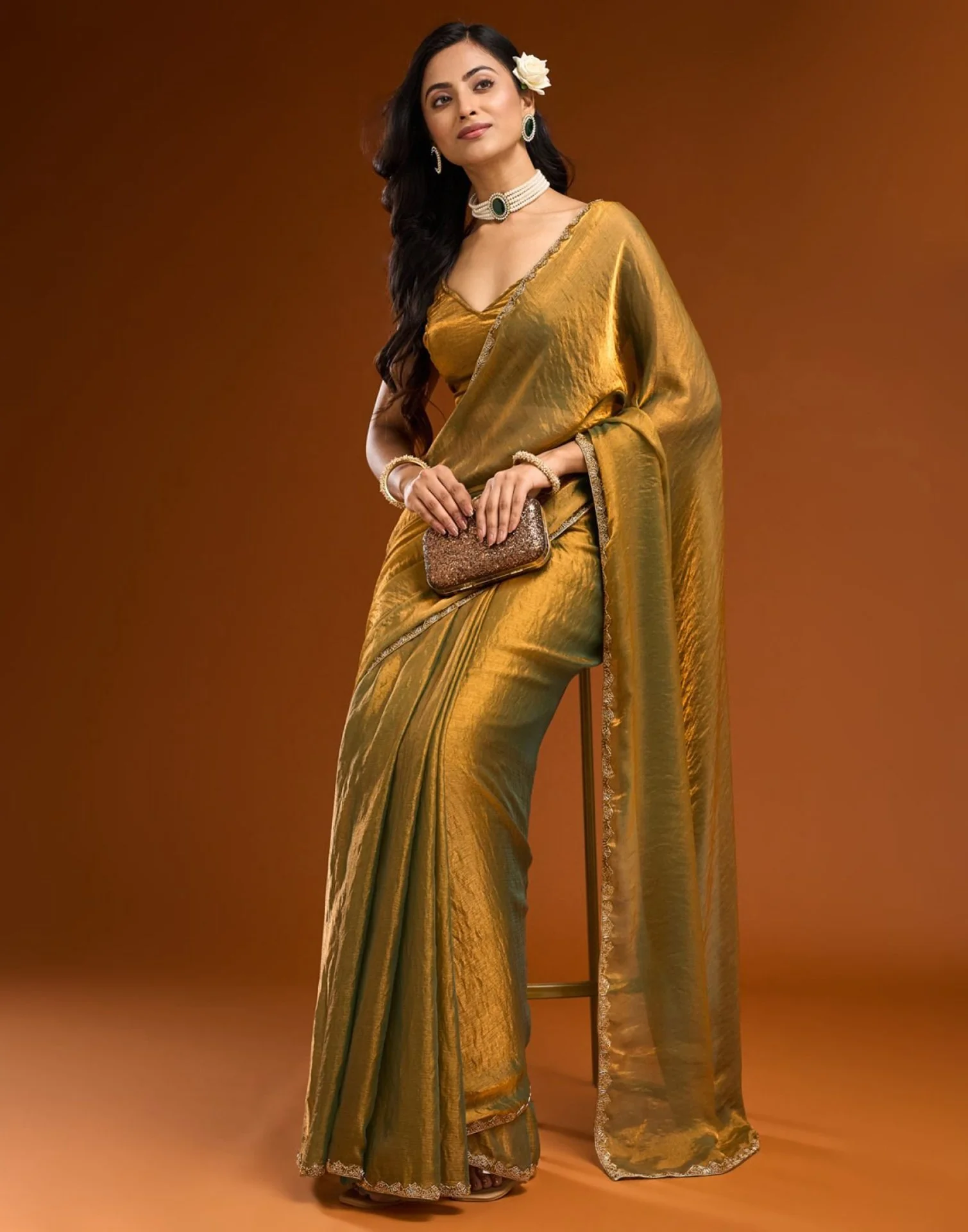 Golden Shimmer Top Dyed Embellished Saree - Image 5