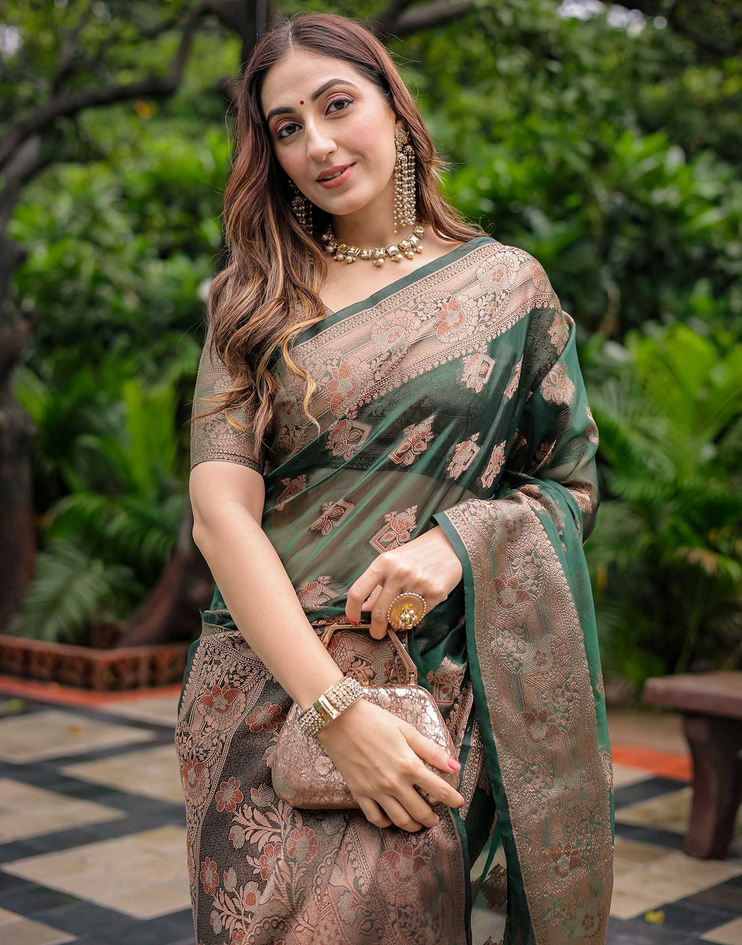 Green Chanderi Silk Woven Banarasi Saree - Image 2