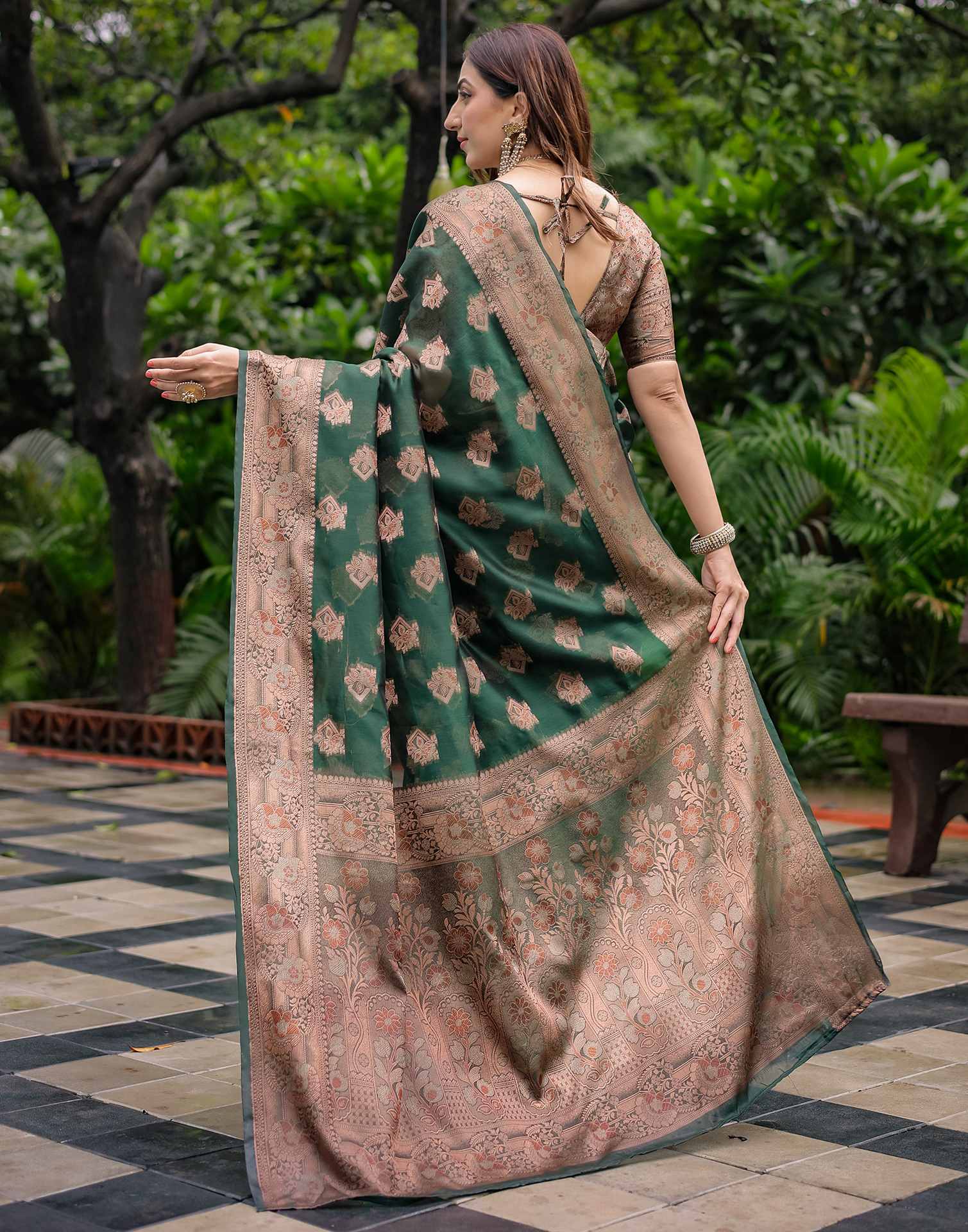 Green Chanderi Silk Woven Banarasi Saree - Image 7