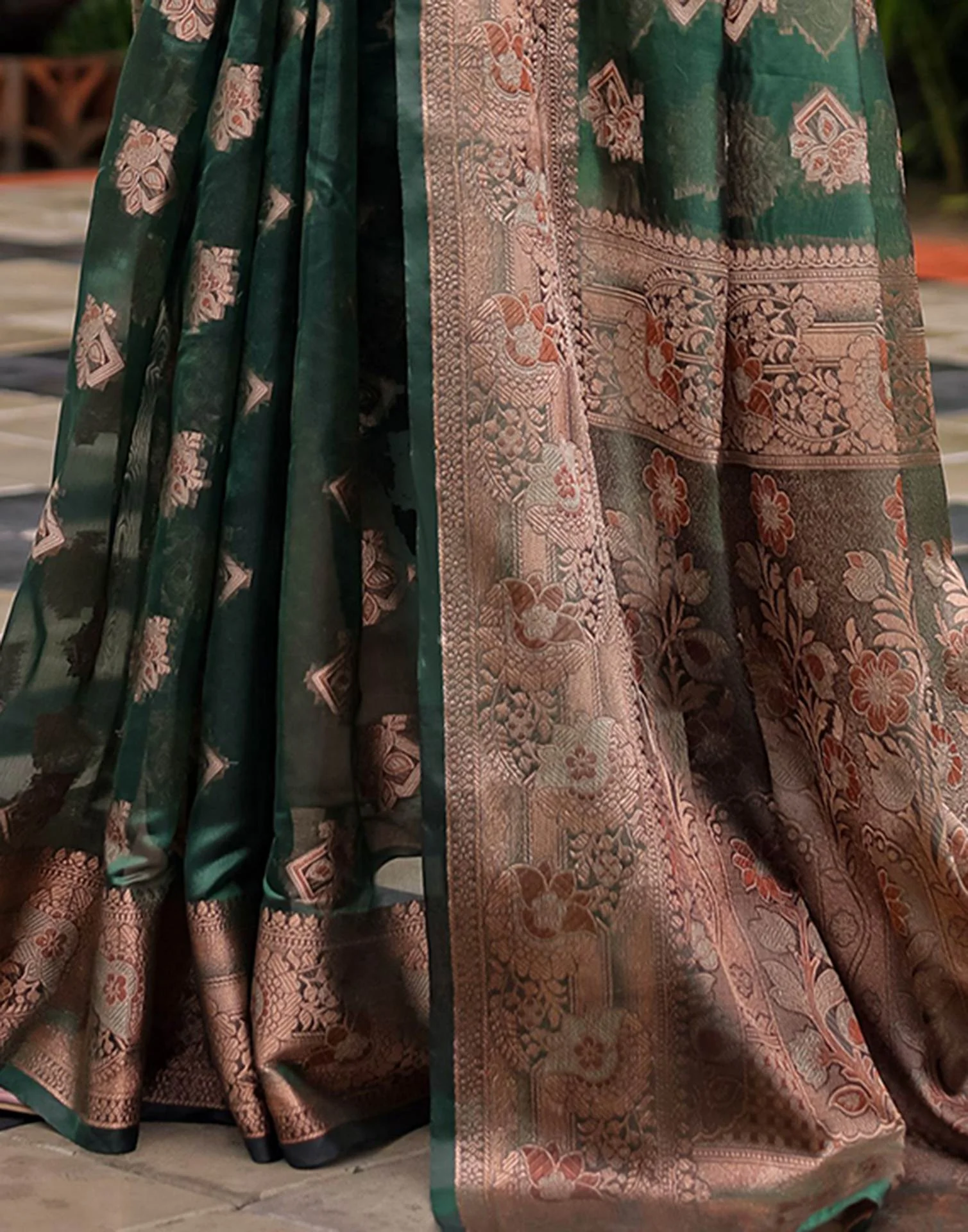 Green Chanderi Silk Woven Banarasi Saree - Image 9