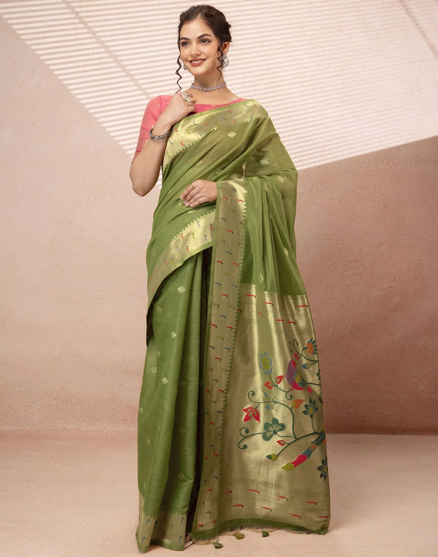 Green Chanderi Cotton Woven Paithani Saree