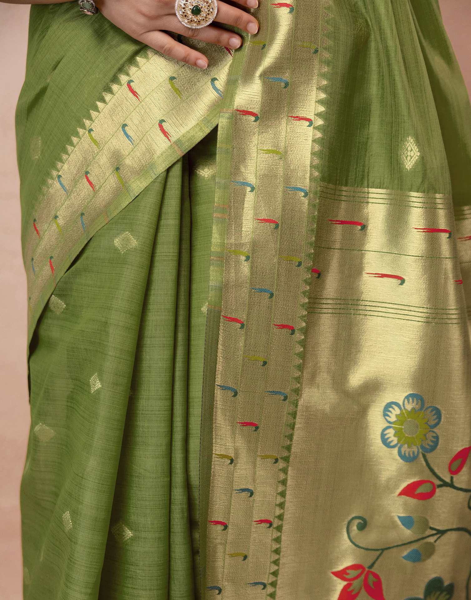 Green Chanderi Cotton Woven Paithani Saree - Image 11