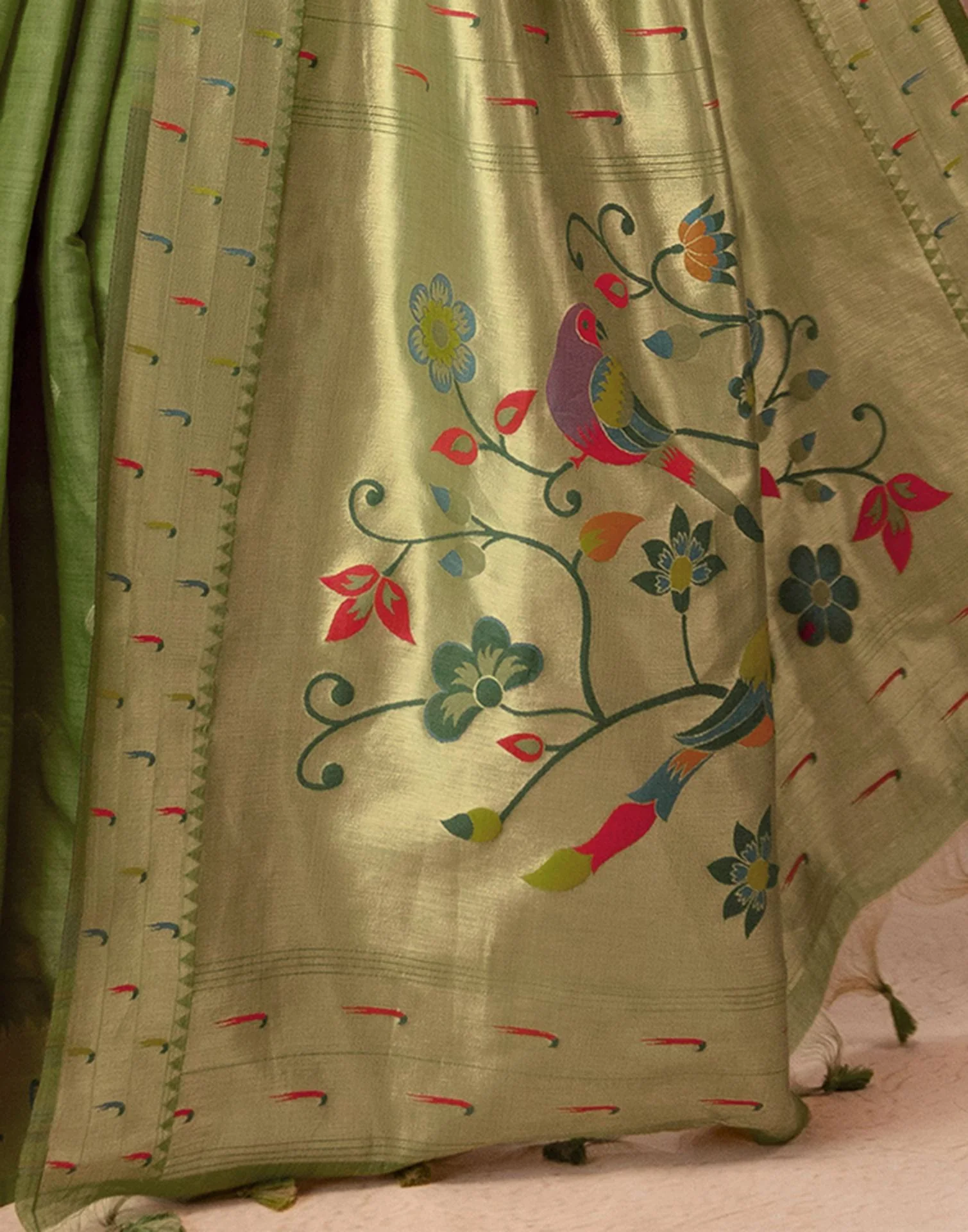 Green Chanderi Cotton Woven Paithani Saree - Image 12