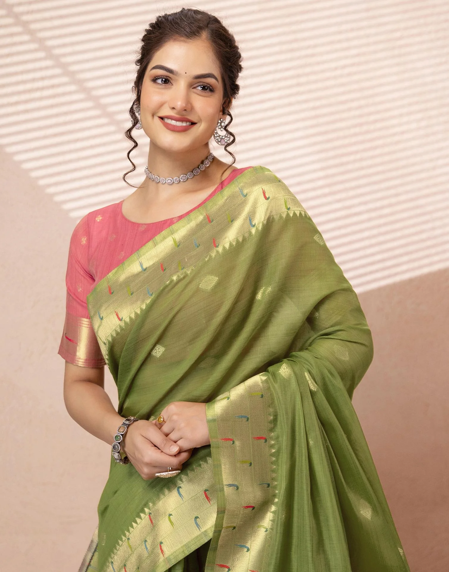 Green Chanderi Cotton Woven Paithani Saree - Image 2