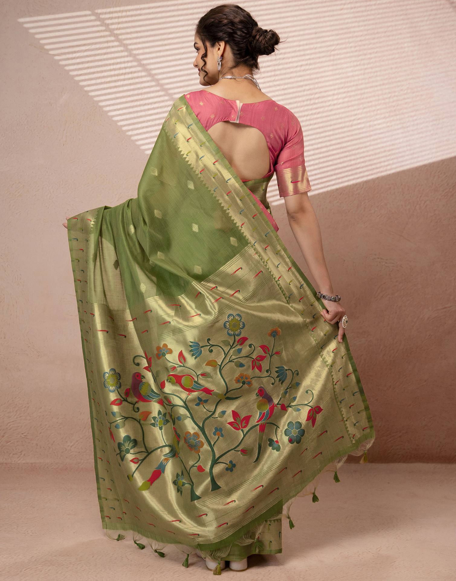 Green Chanderi Cotton Woven Paithani Saree - Image 8