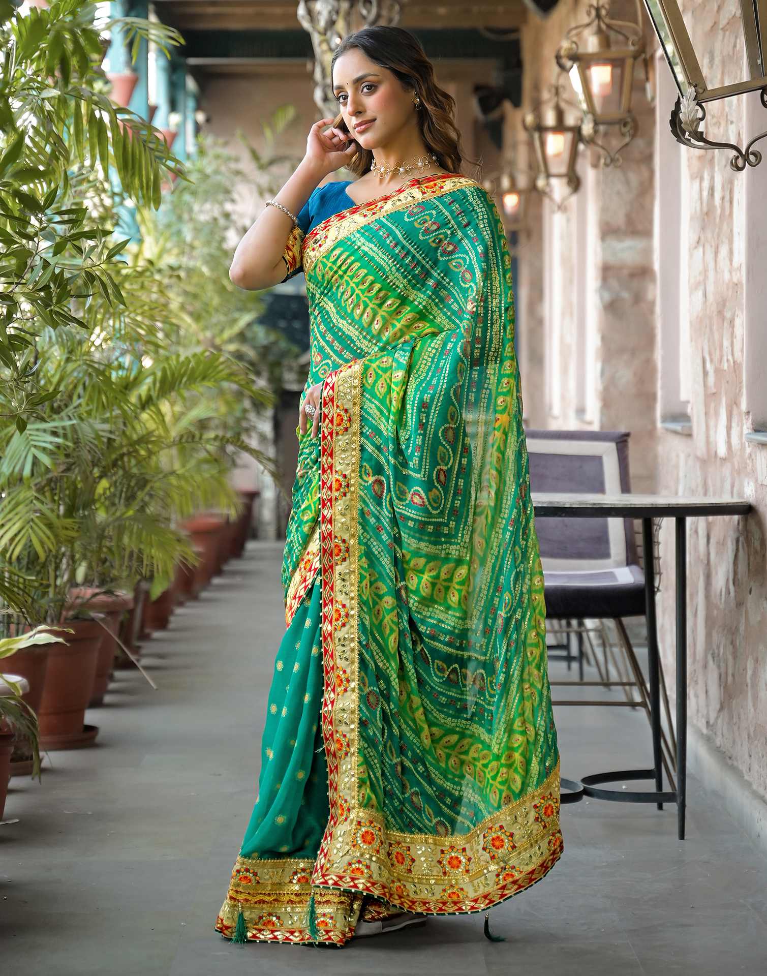 Green Chiffon Bandhani Printed Lace Saree - Image 4