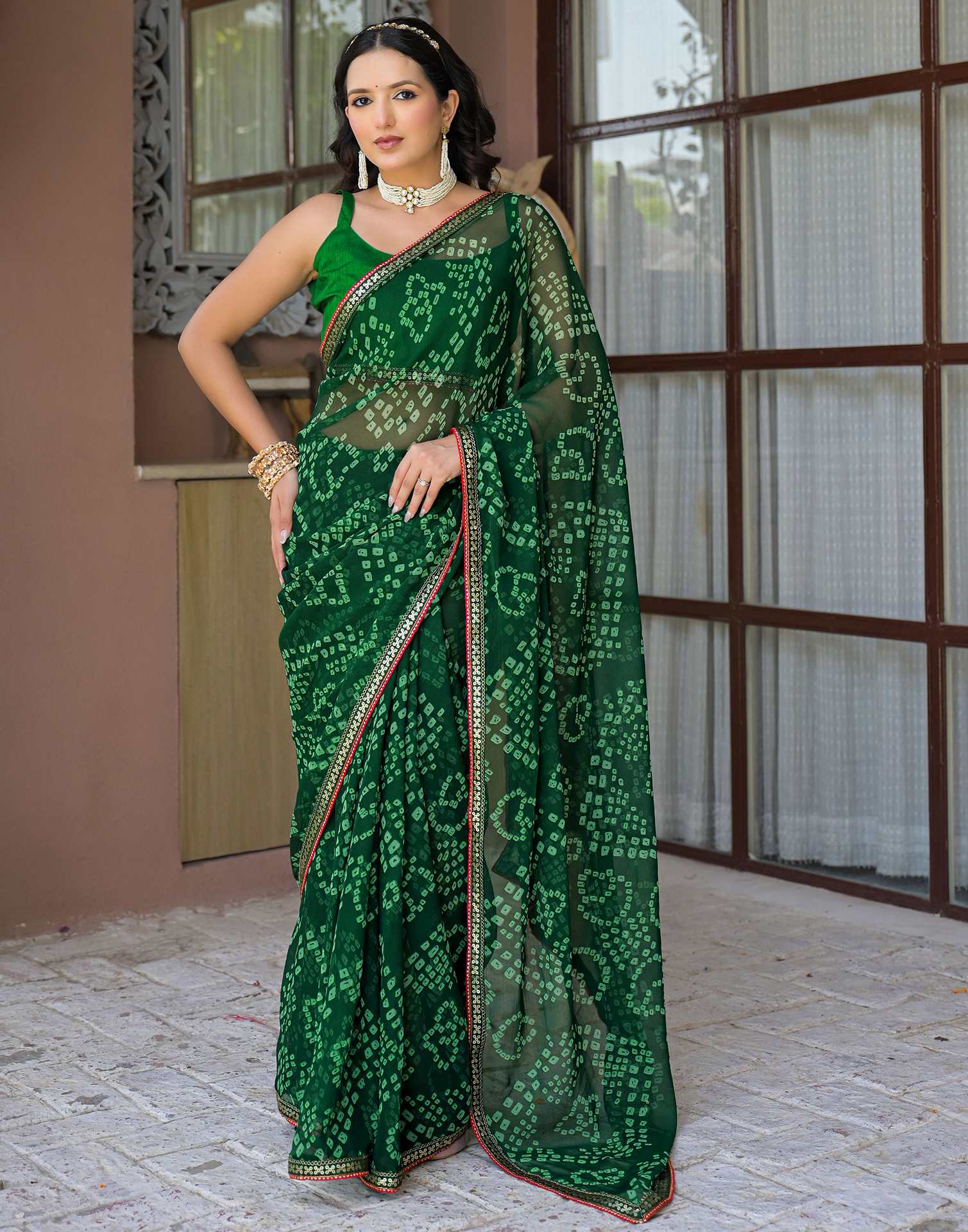 Green Chiffon Bandhani Printed Saree - Image 2