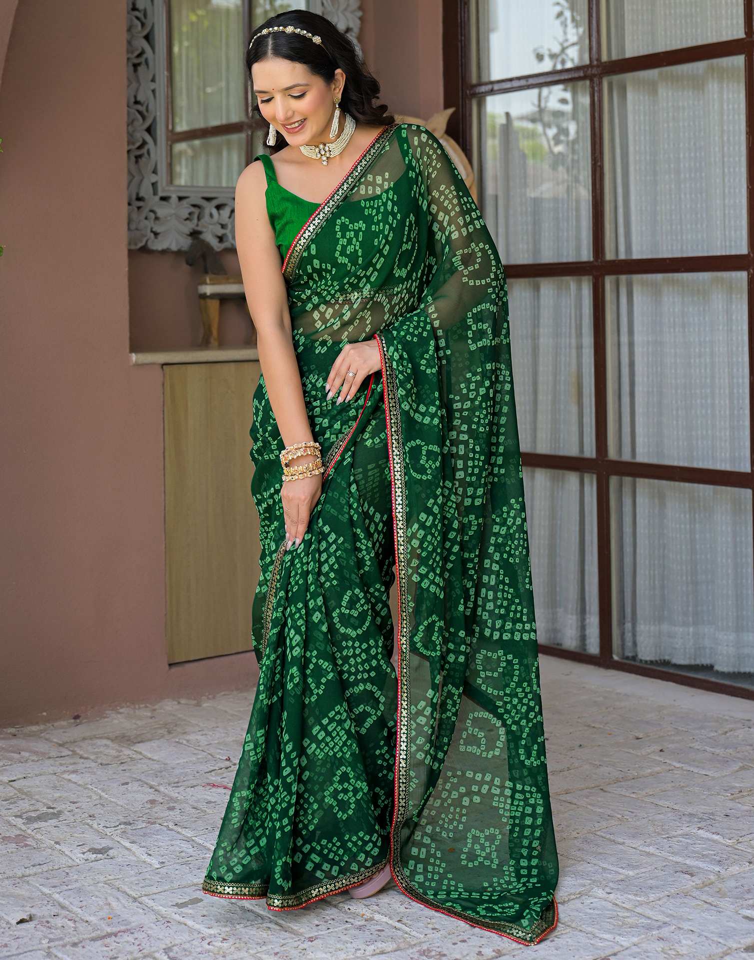 Green Chiffon Bandhani Printed Saree - Image 4