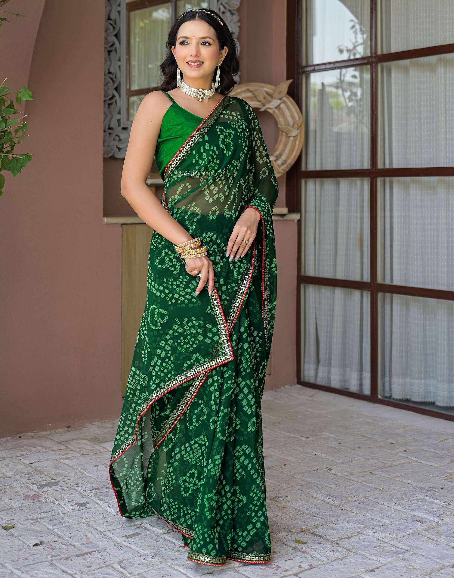 Green Chiffon Bandhani Printed Saree - Image 5