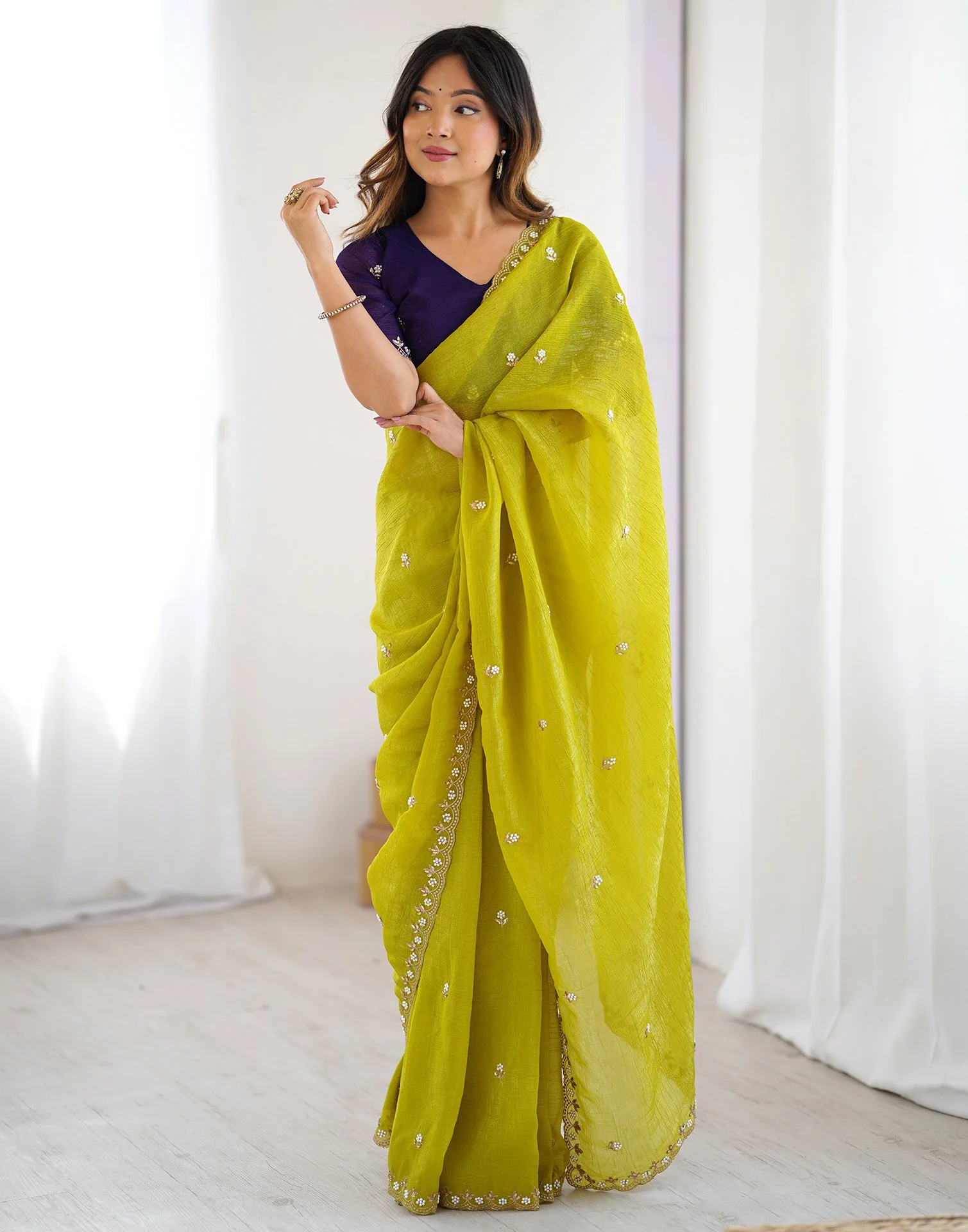 Green Chiffon Embroidery Saree - Image 4
