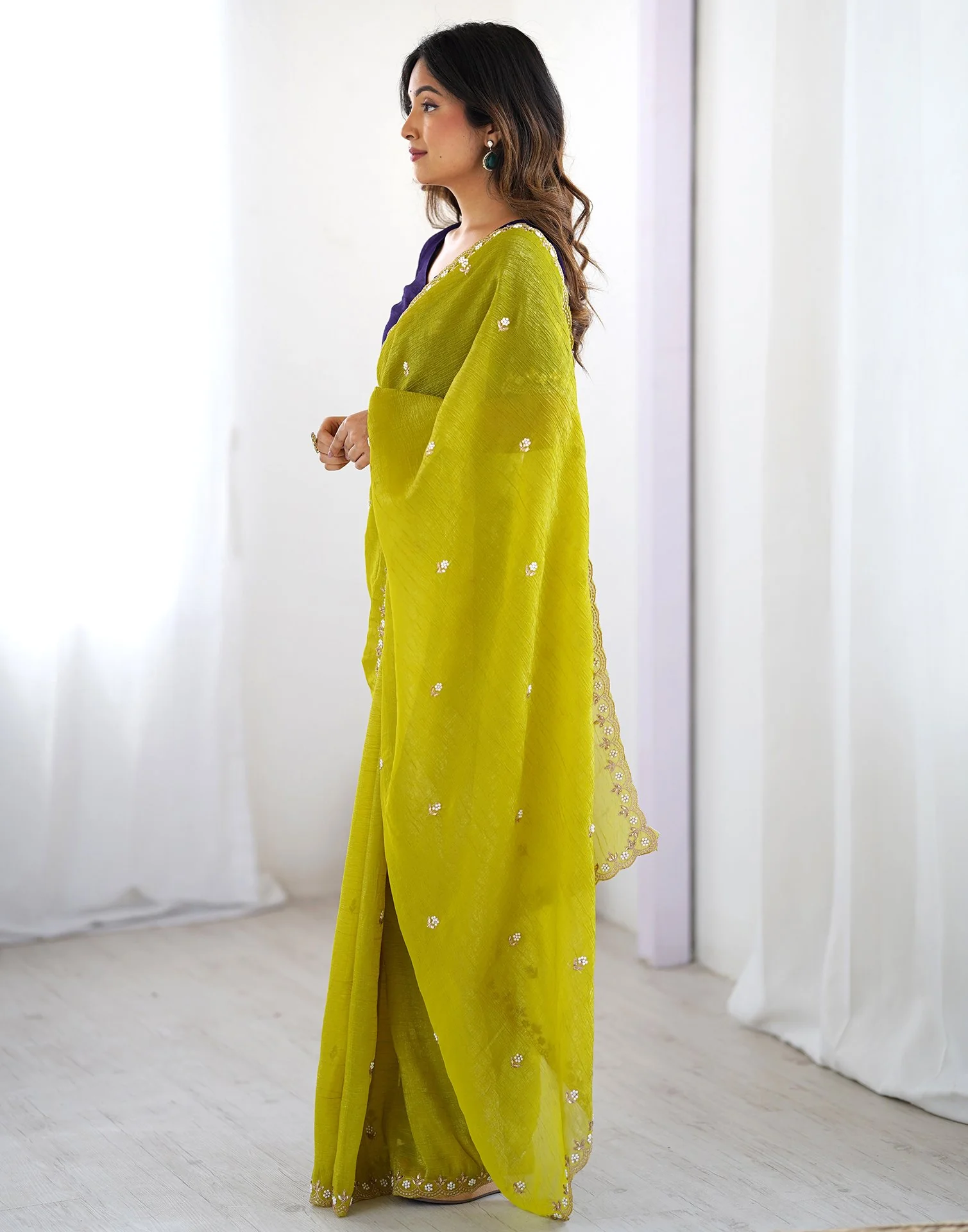 Green Chiffon Embroidery Saree - Image 5