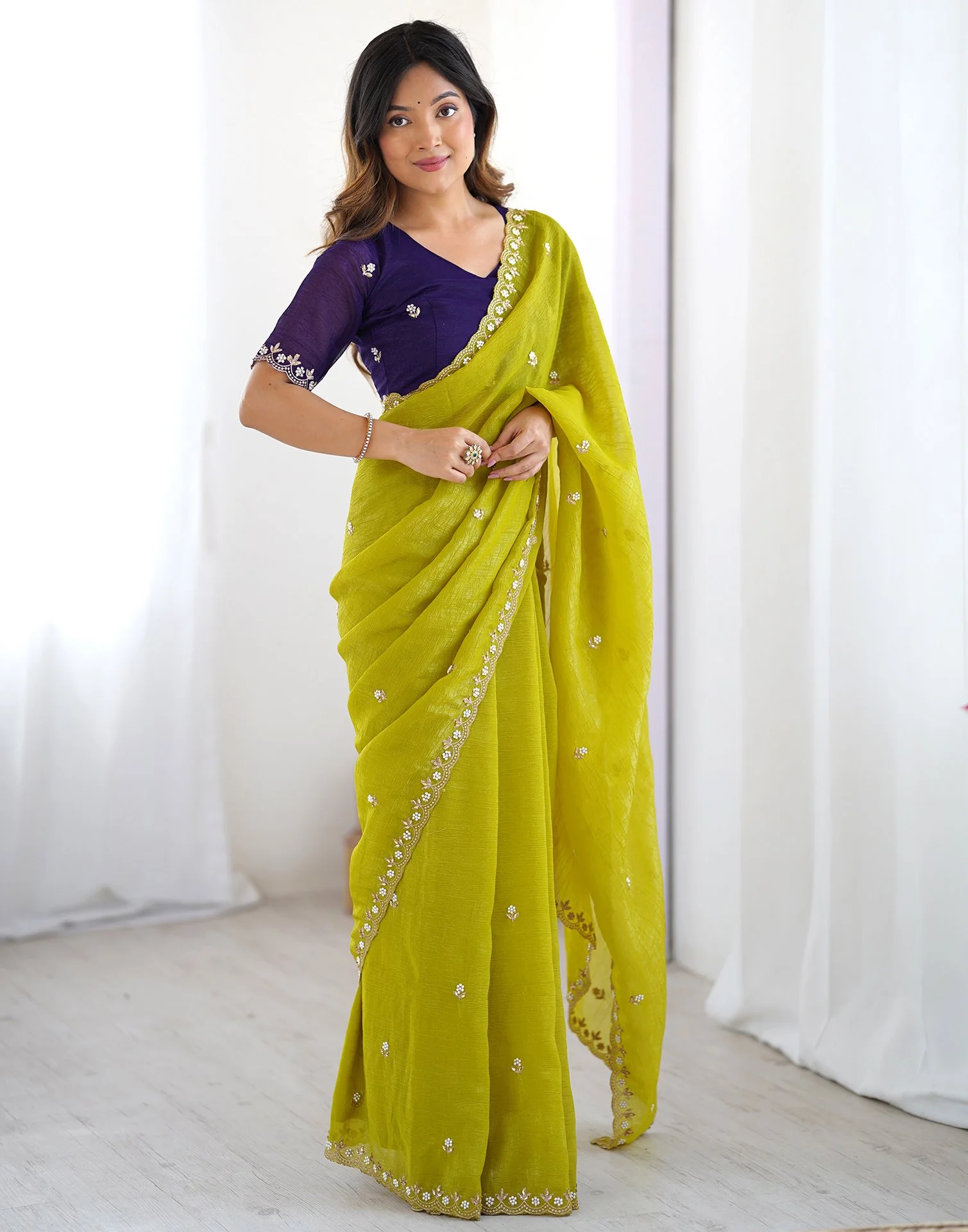 Green Chiffon Embroidery Saree - Image 8